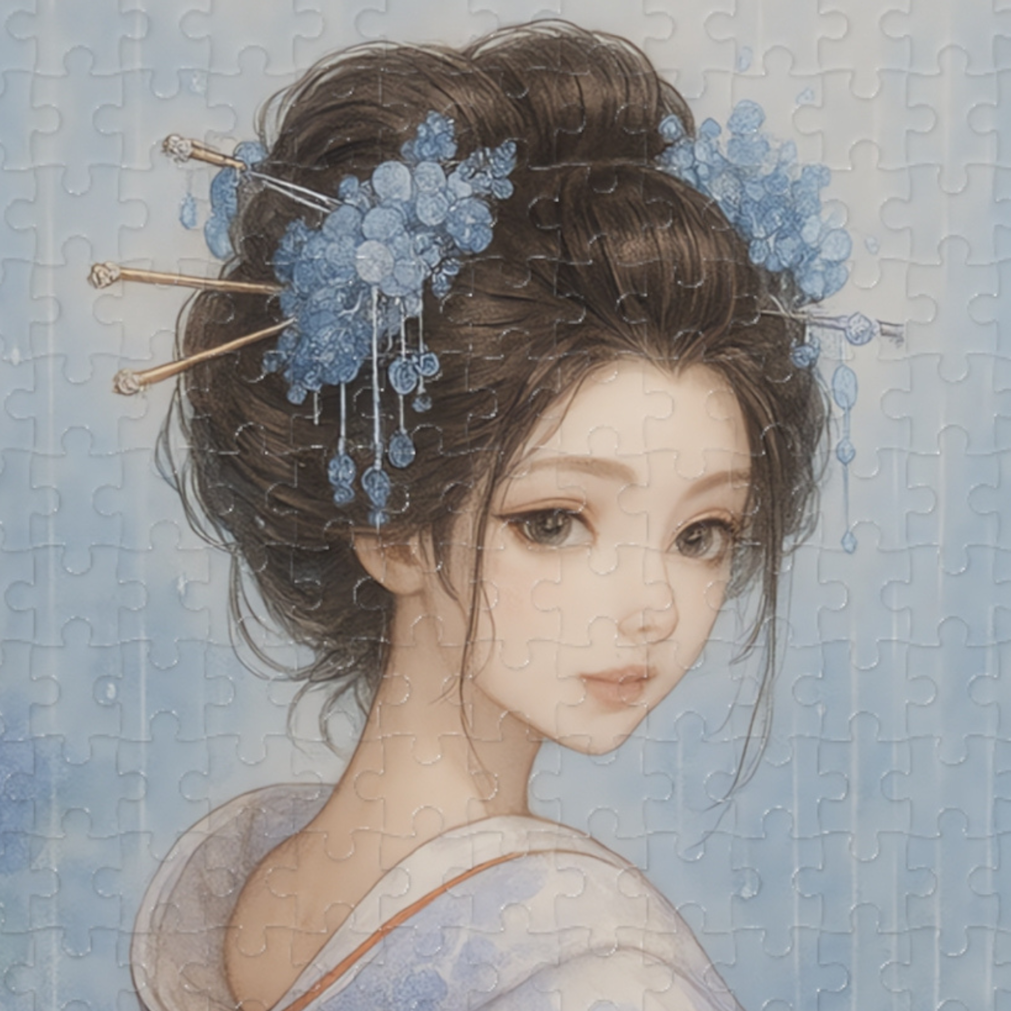 Kimono Beauty Puzzle – Blue Serenity with a Japanese Paper Umbrella (252 / 500 / 1000 Pieces) product thumbnail image
