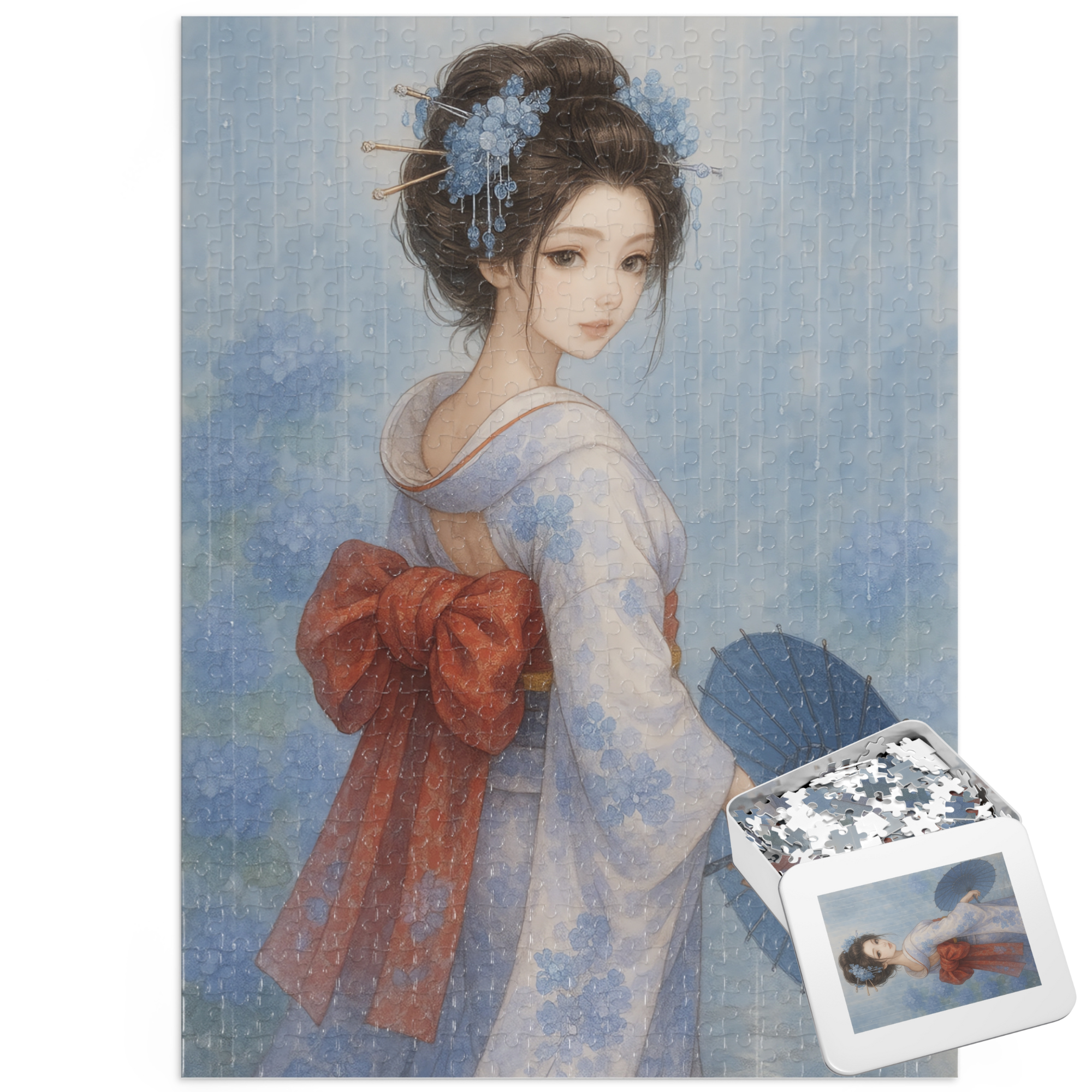 Kimono Beauty Puzzle – Blue Serenity with a Japanese Paper Umbrella (252 / 500 / 1000 Pieces)