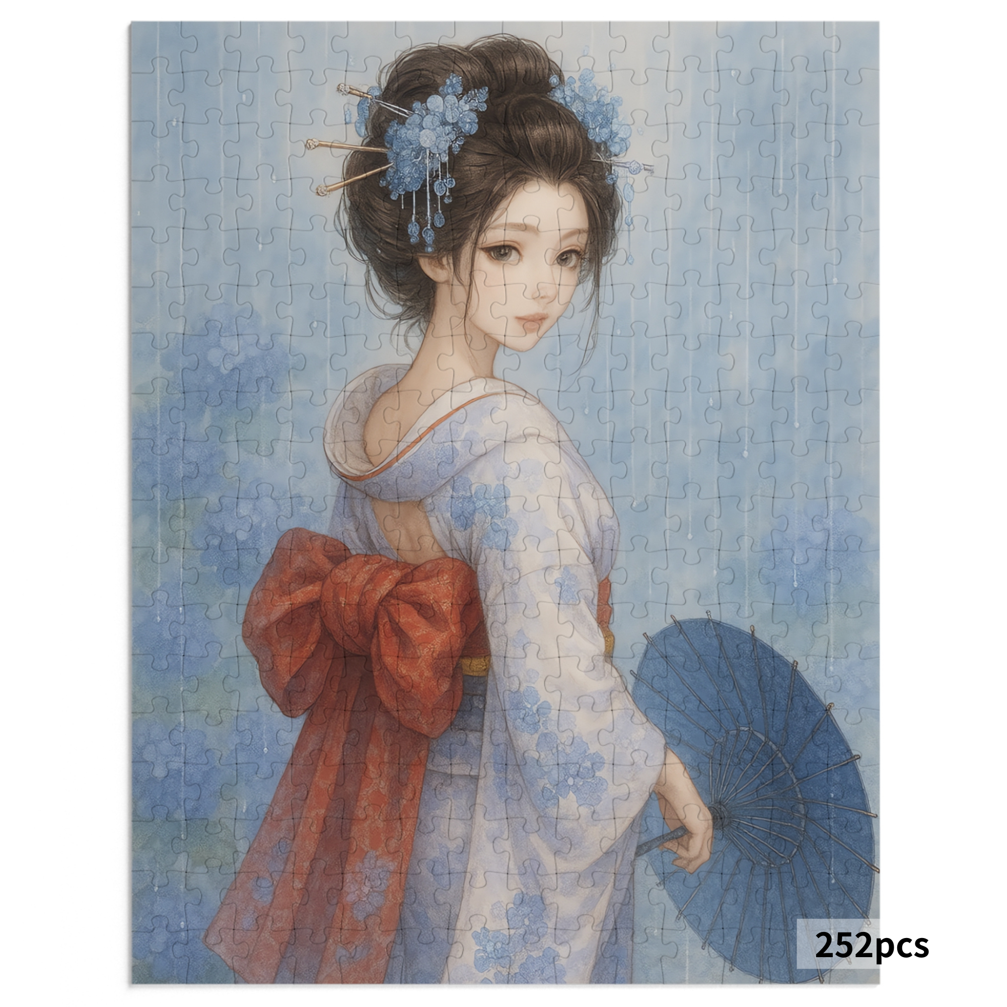 Kimono Beauty Puzzle – Blue Serenity with a Japanese Paper Umbrella (252 / 500 / 1000 Pieces) product thumbnail image