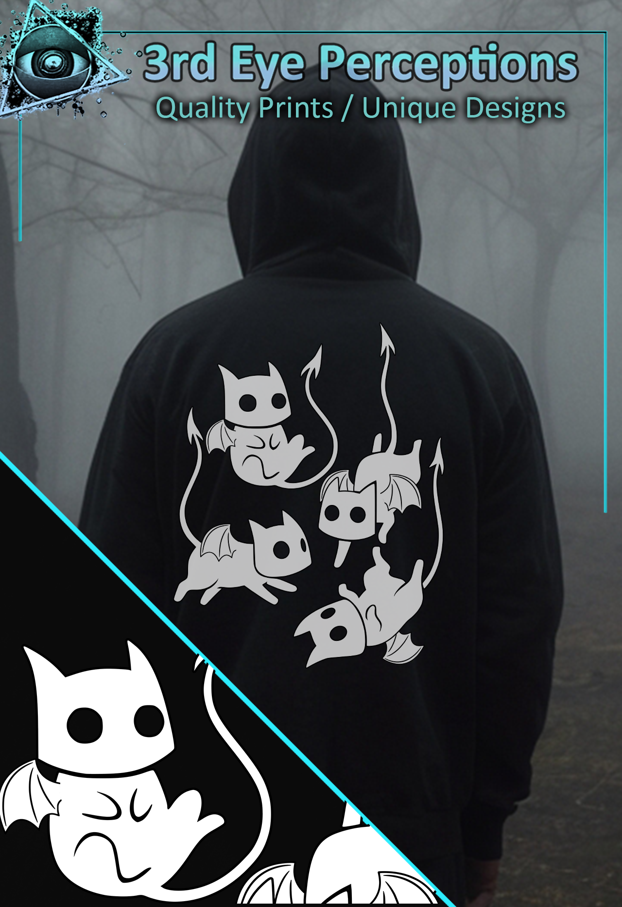 Funny Adorable Voidling Demon Cat Graphic Gothic Obscure Cartoon White Back Print ( Unisex Heavy Blend™ Hooded )