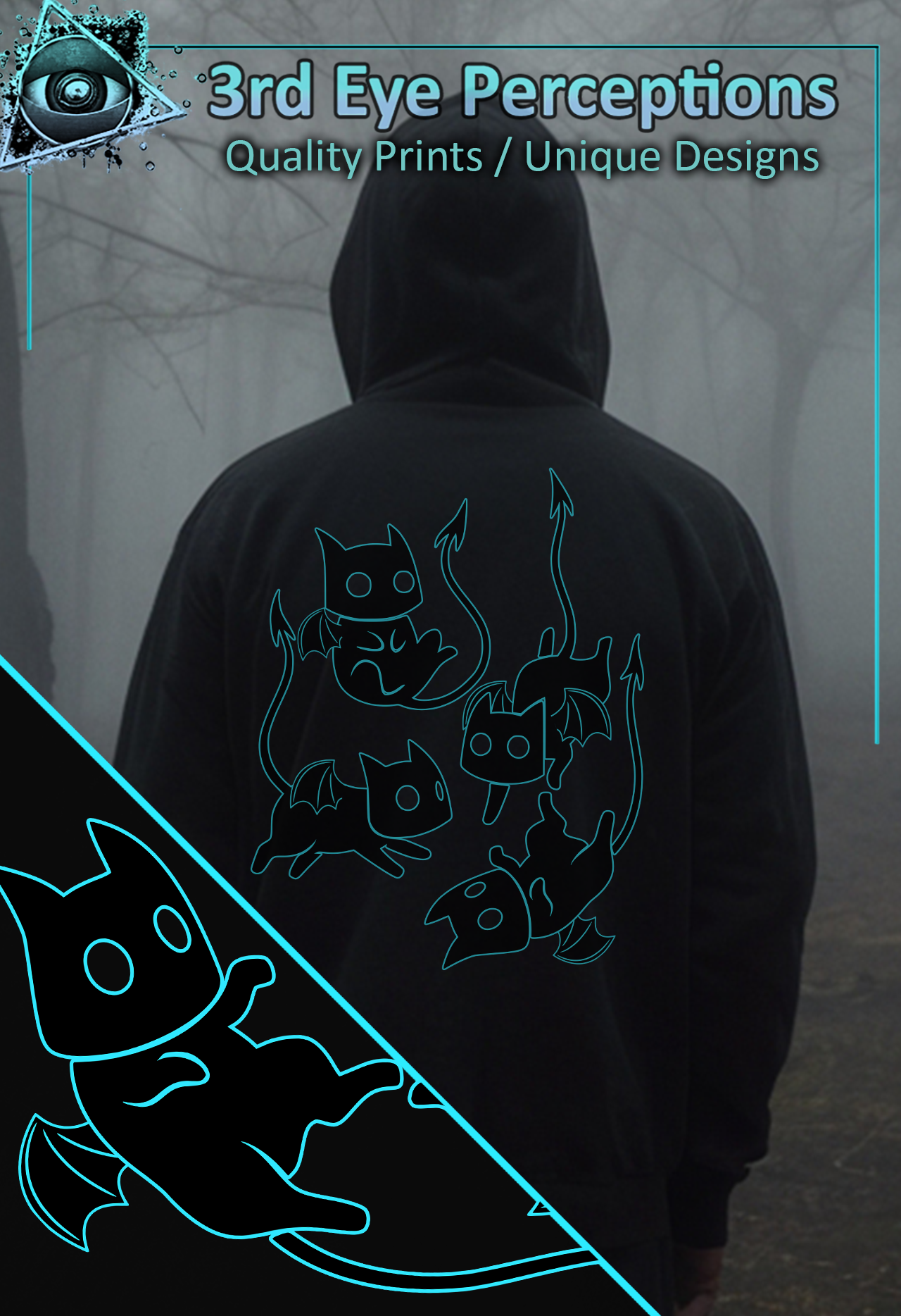 Funny Adorable Voidling Demon Cat Graphic Gothic Obscure Cartoon Teal Back Print ( Unisex Heavy Blend™ Hooded ) product thumbnail image