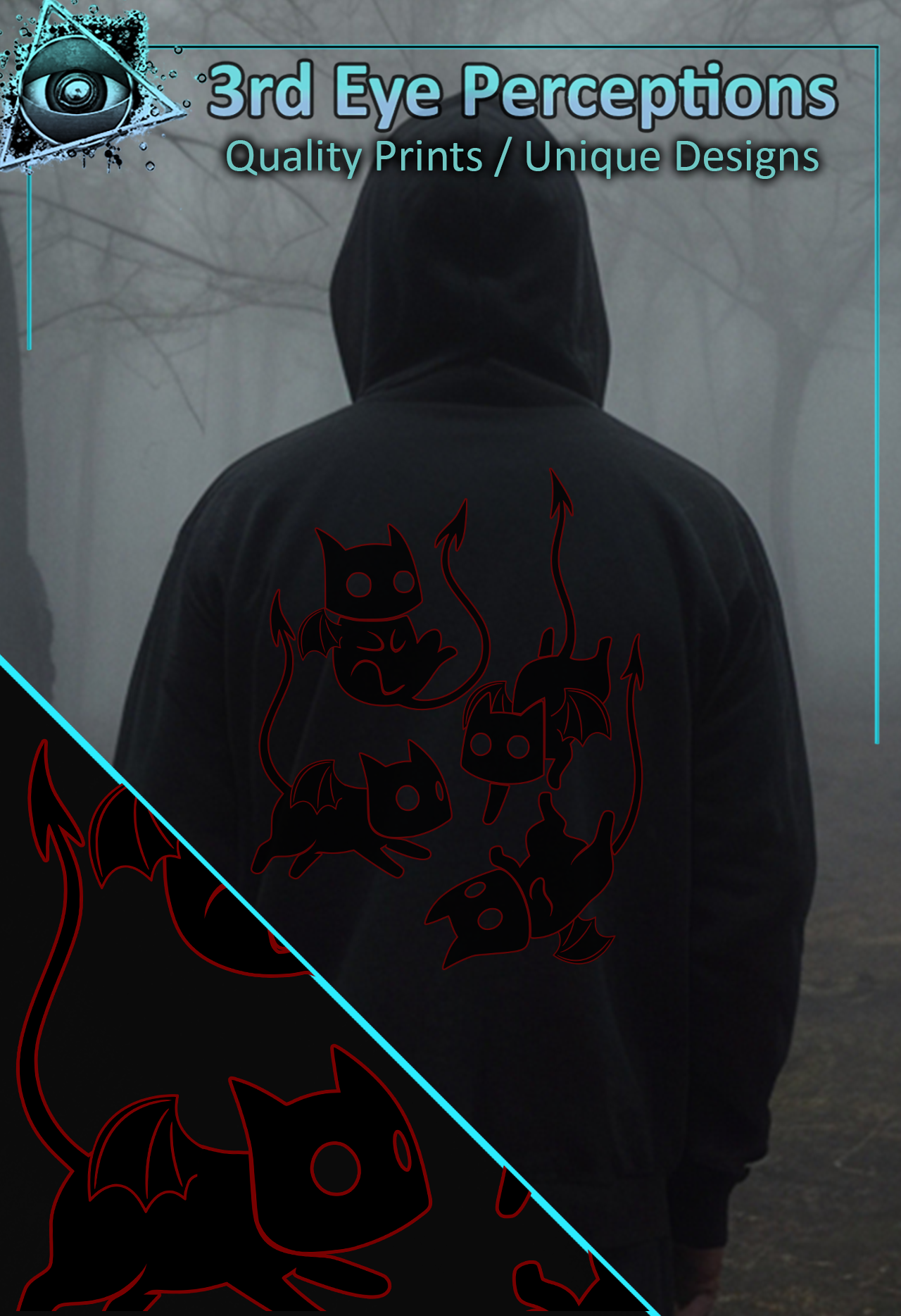 Funny Adorable Voidling Demon Cat Graphic Gothic Obscure Cartoon Red Back Print ( Unisex Heavy Blend™ Hooded )