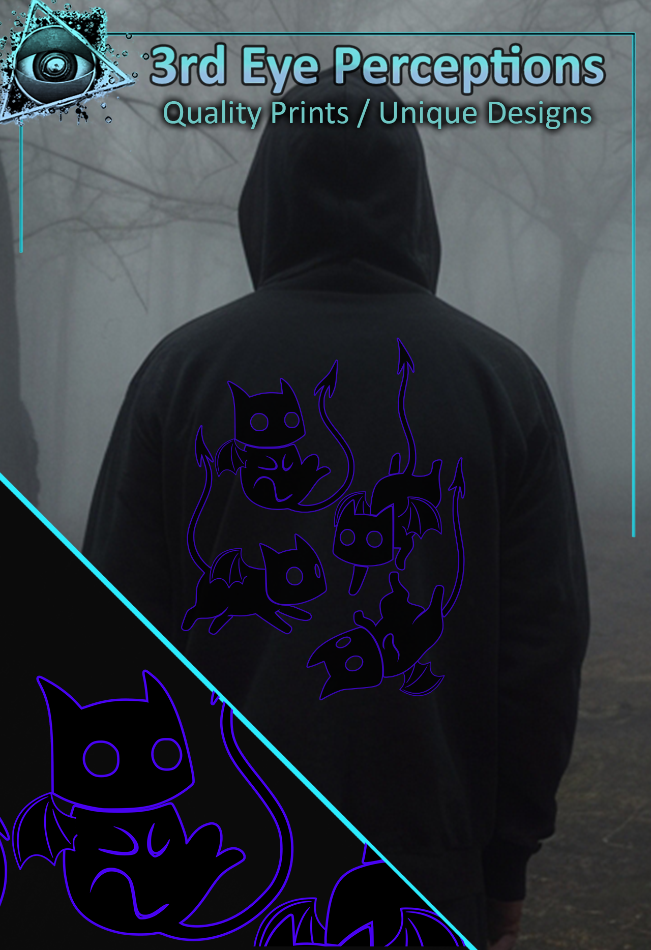 Copy of Copy of Funny Adorable Voidling Demon Cat Graphic Gothic Obscure Cartoon Purple Back Print ( Unisex Heavy Blend™ Hooded )