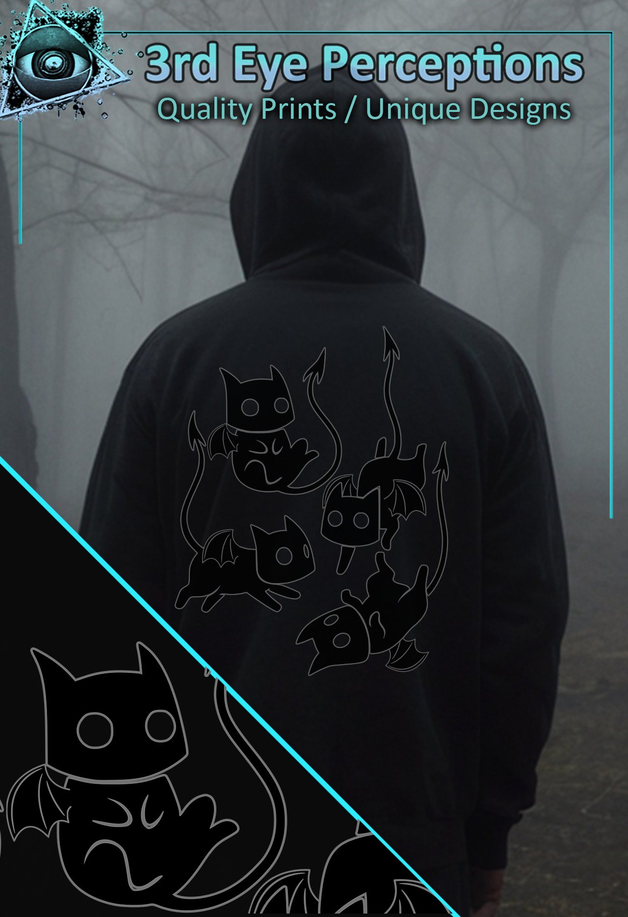 Copy of Copy of Copy of Funny Adorable Voidling Demon Cat Graphic Gothic Obscure Cartoon Black Back Print ( Unisex Heavy Blend™ Hooded )