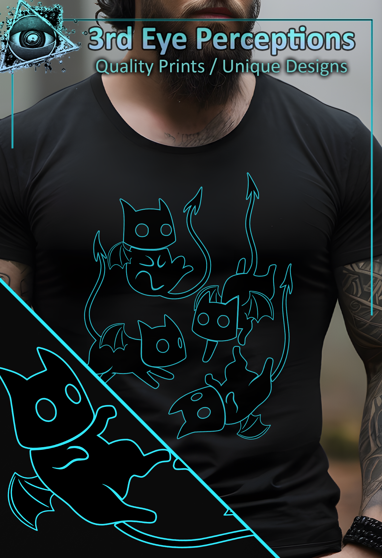 Funny Adorable Voidling Demon Cat Graphic Gothic Obscure Cartoon Teal