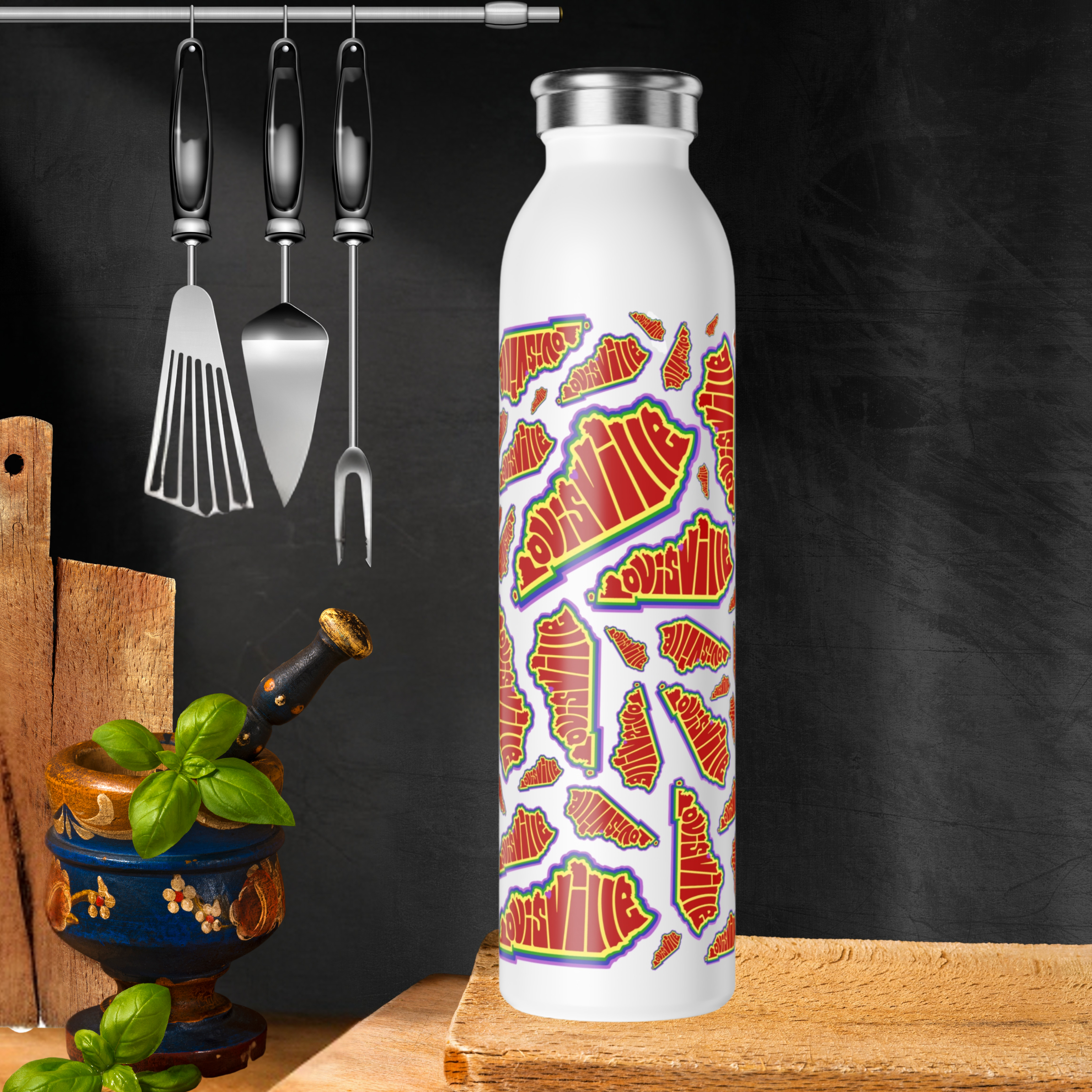 Louisville Kentucky Rainbow Slim Water Bottle, Local Pride, Eco-Friendly Hydration, Fitness Accessory, Louisville Souvenir