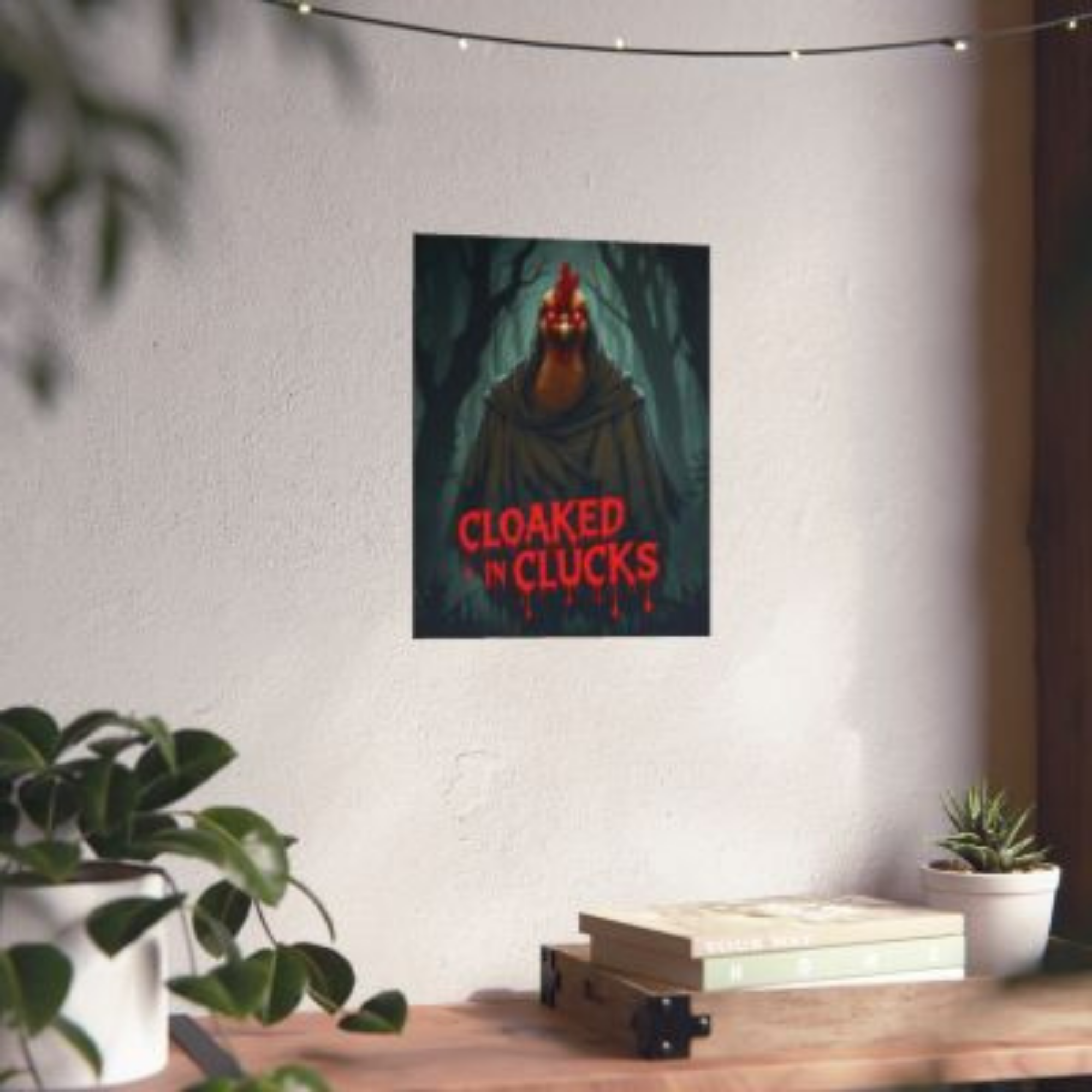 Cloaked in Clucks Halloween Poster | Spooky Chicken Wall Art | Matte Vertical Print | Funny Creepy Poultry Décor product thumbnail image