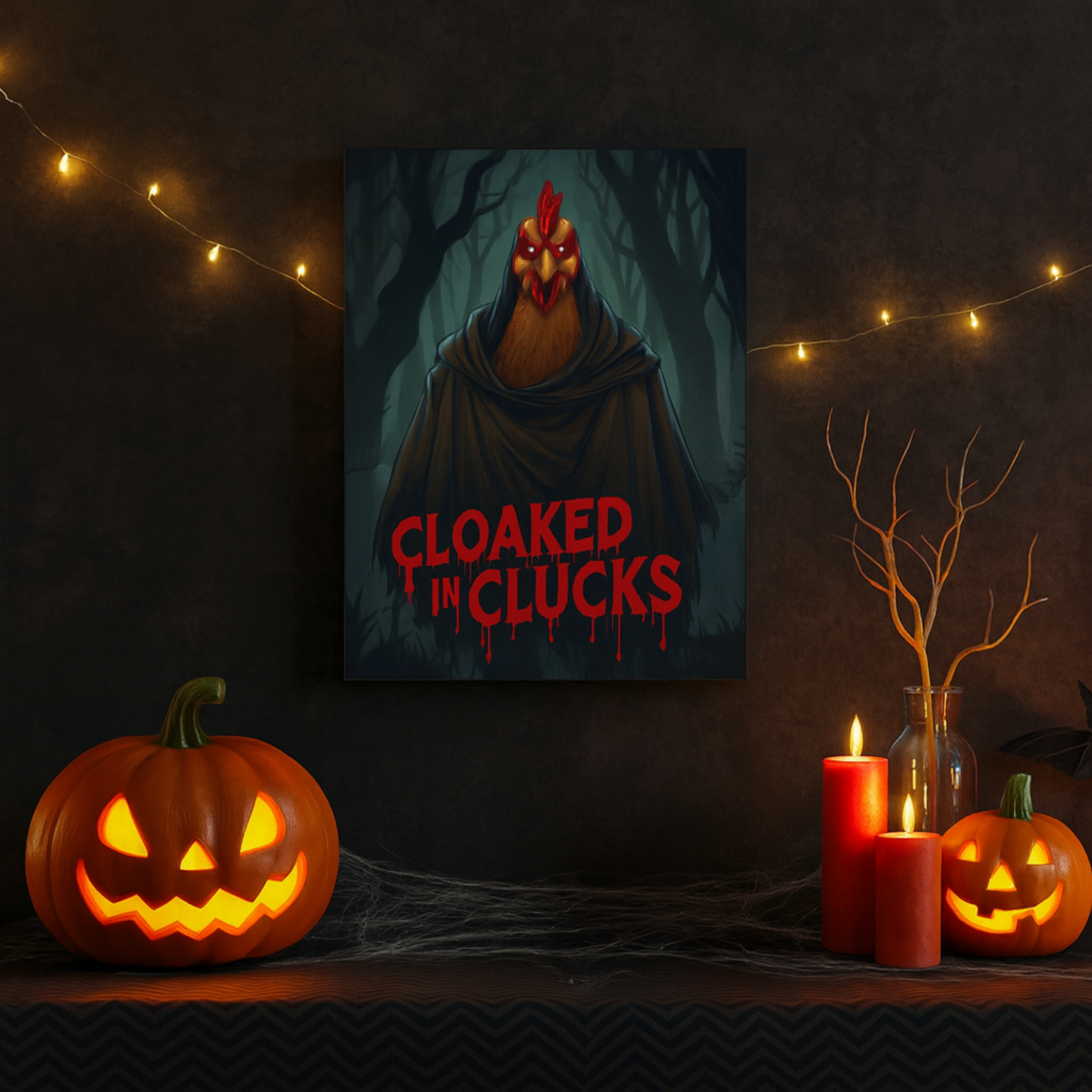 Cloaked in Clucks Halloween Poster | Spooky Chicken Wall Art | Matte Vertical Print | Funny Creepy Poultry Décor product thumbnail image