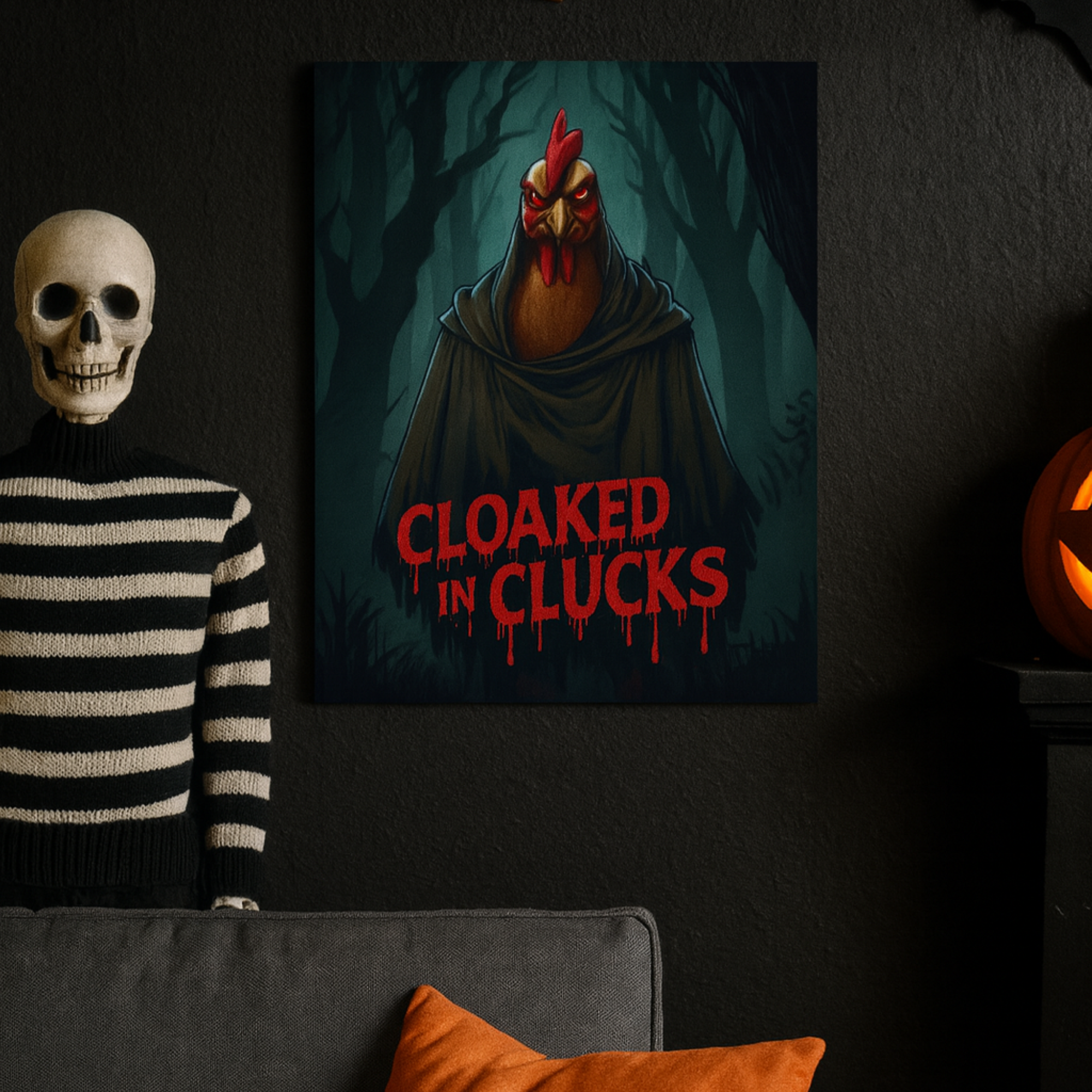 Cloaked in Clucks Halloween Poster | Spooky Chicken Wall Art | Matte Vertical Print | Funny Creepy Poultry Décor product thumbnail image