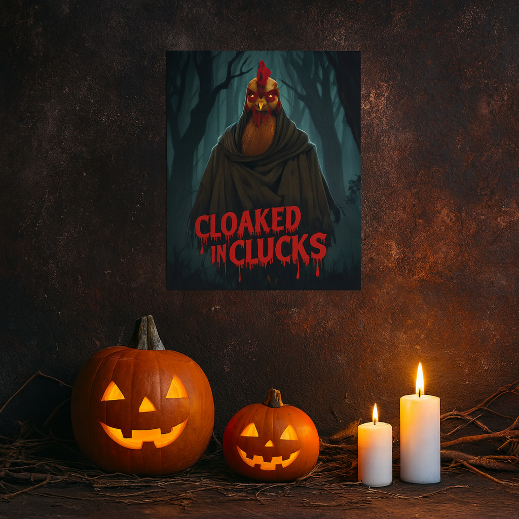Cloaked in Clucks Halloween Poster | Spooky Chicken Wall Art | Matte Vertical Print | Funny Creepy Poultry Décor