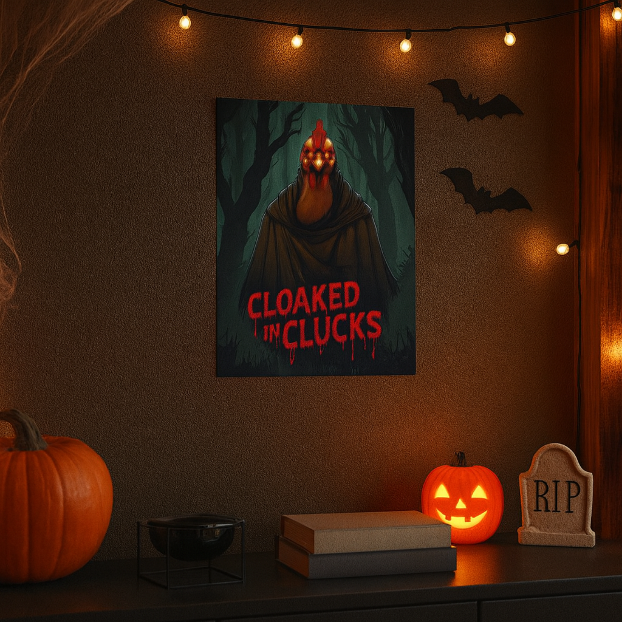 Cloaked in Clucks Halloween Poster | Spooky Chicken Wall Art | Matte Vertical Print | Funny Creepy Poultry Décor product thumbnail image