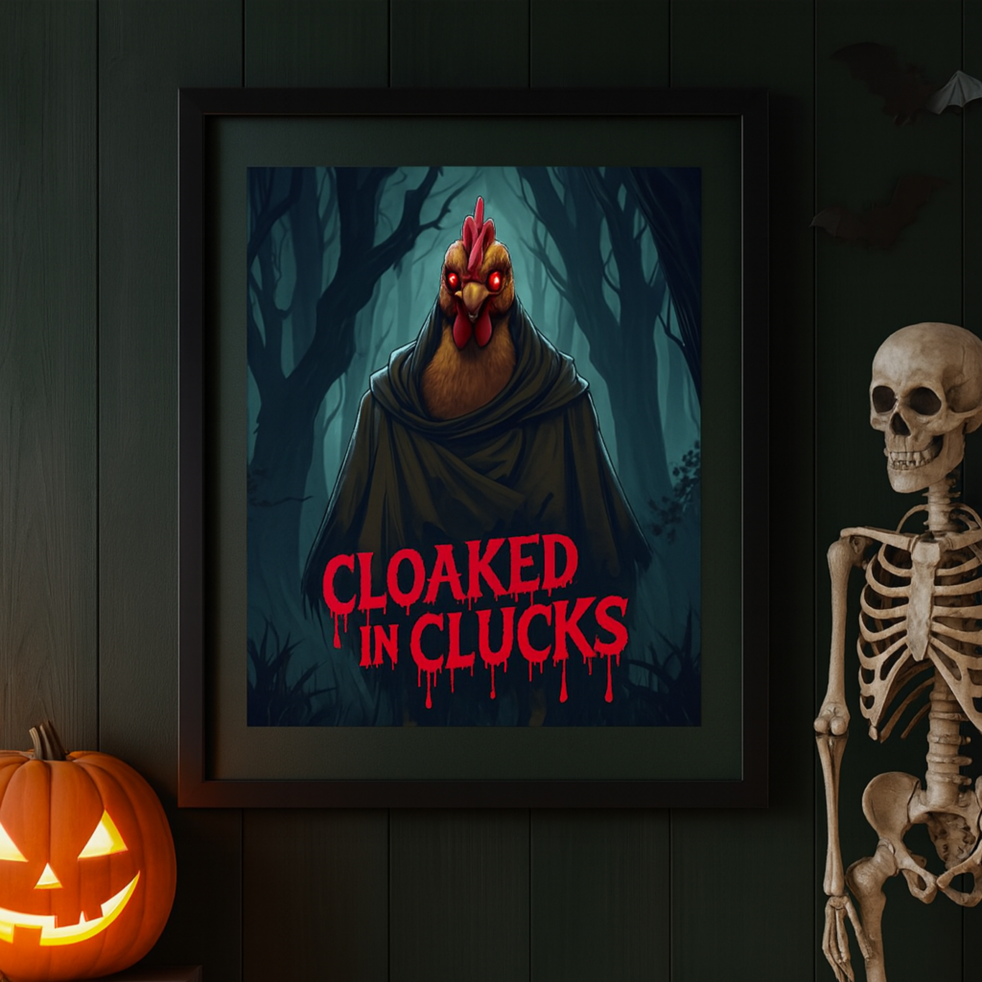 Cloaked in Clucks Halloween Poster | Spooky Chicken Wall Art | Matte Vertical Print | Funny Creepy Poultry Décor product thumbnail image