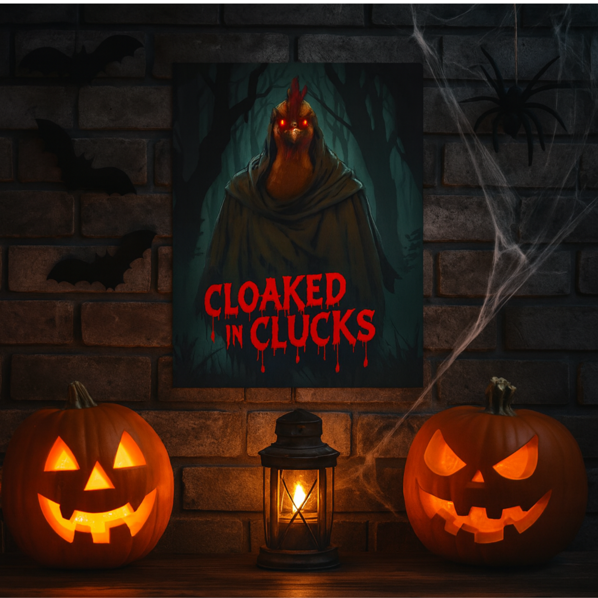 Cloaked in Clucks Halloween Poster | Spooky Chicken Wall Art | Matte Vertical Print | Funny Creepy Poultry Décor product thumbnail image