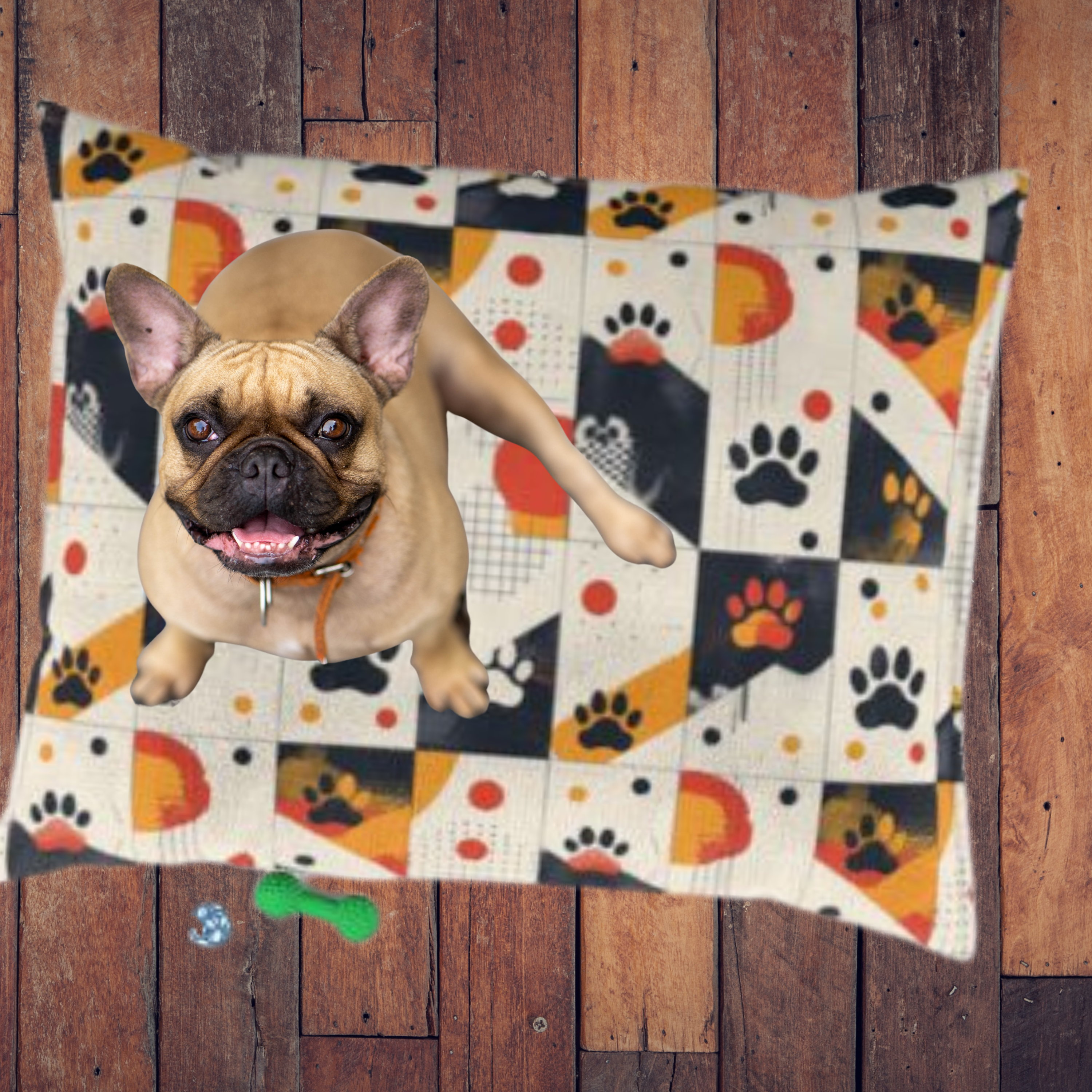 🛏️ French Bulldog Patchwork Dog Bed – Cozy Fleece Cushion in Retro Orange, Mustard &amp; Cream | Zip-Off Cover