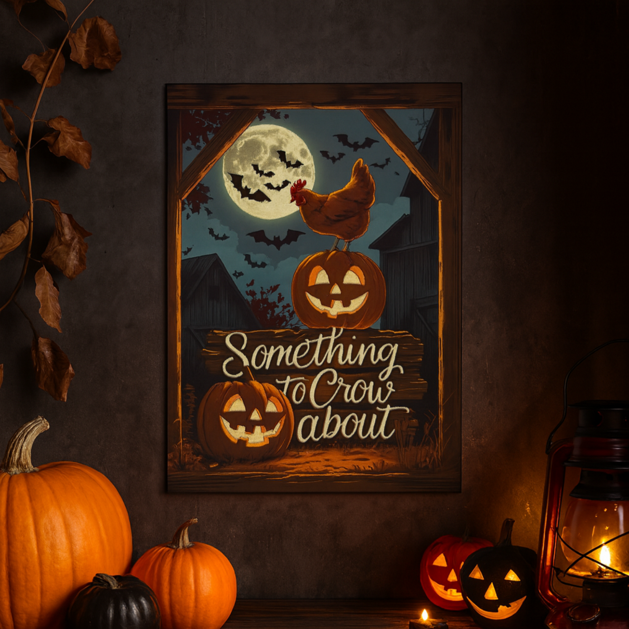 Something to Crow About Halloween Poster | Rustic Chicken Farmhouse Wall Art with Jack O Lanterns And Full Moon | Fall And Spooky Home Décor Print