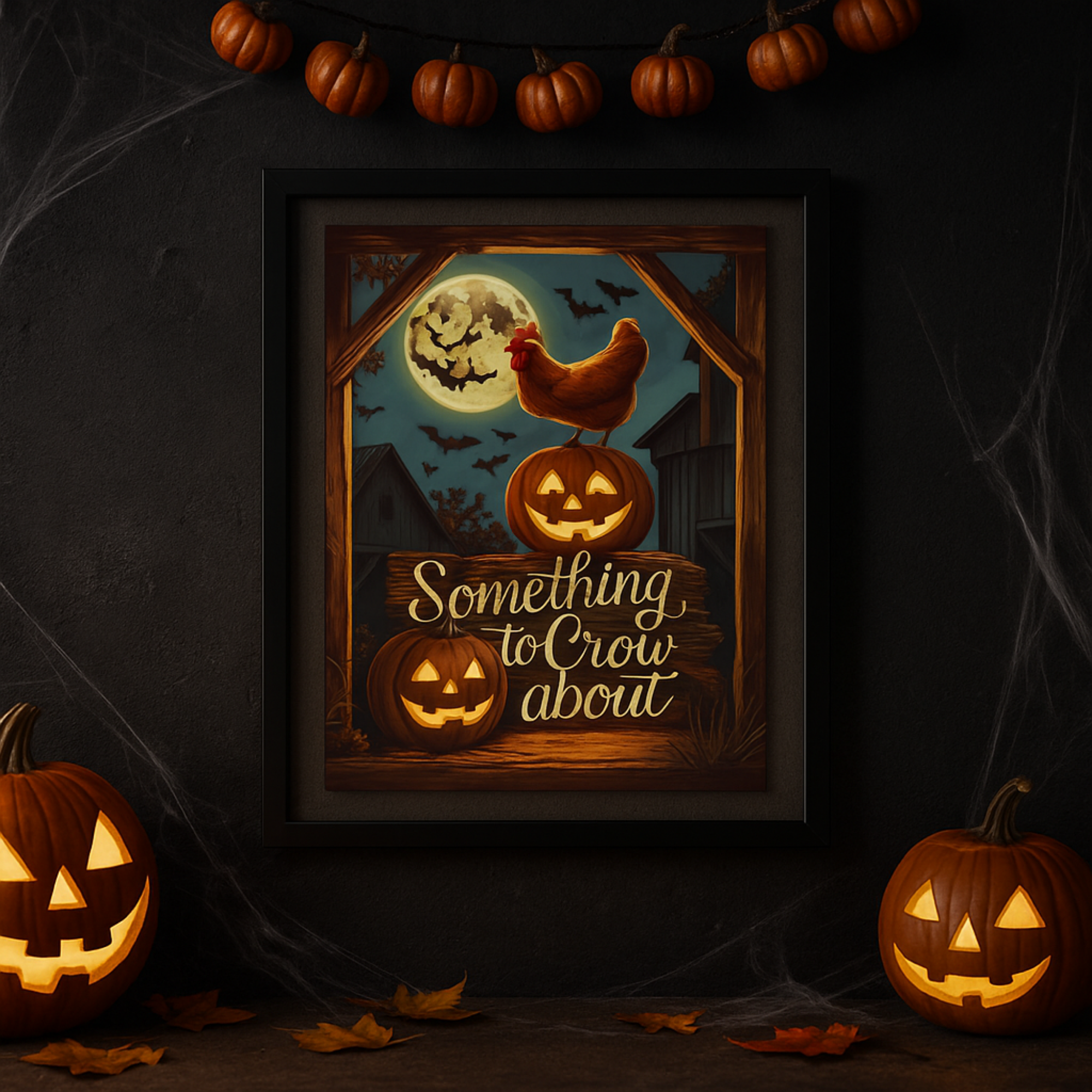 Something to Crow About Halloween Poster | Rustic Chicken Farmhouse Wall Art with Jack O Lanterns And Full Moon | Fall And Spooky Home Décor Print product thumbnail image
