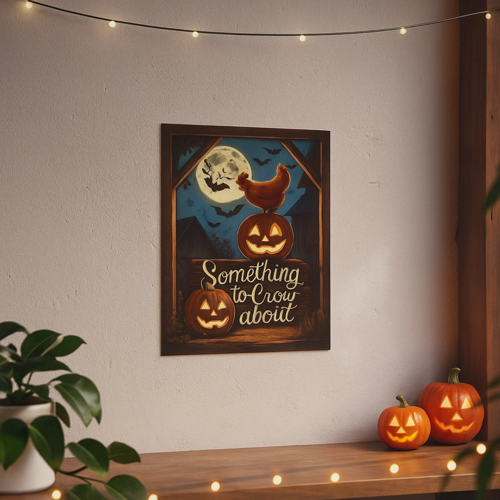 Something to Crow About Halloween Poster | Rustic Chicken Farmhouse Wall Art with Jack O Lanterns And Full Moon | Fall And Spooky Home Décor Print product thumbnail image