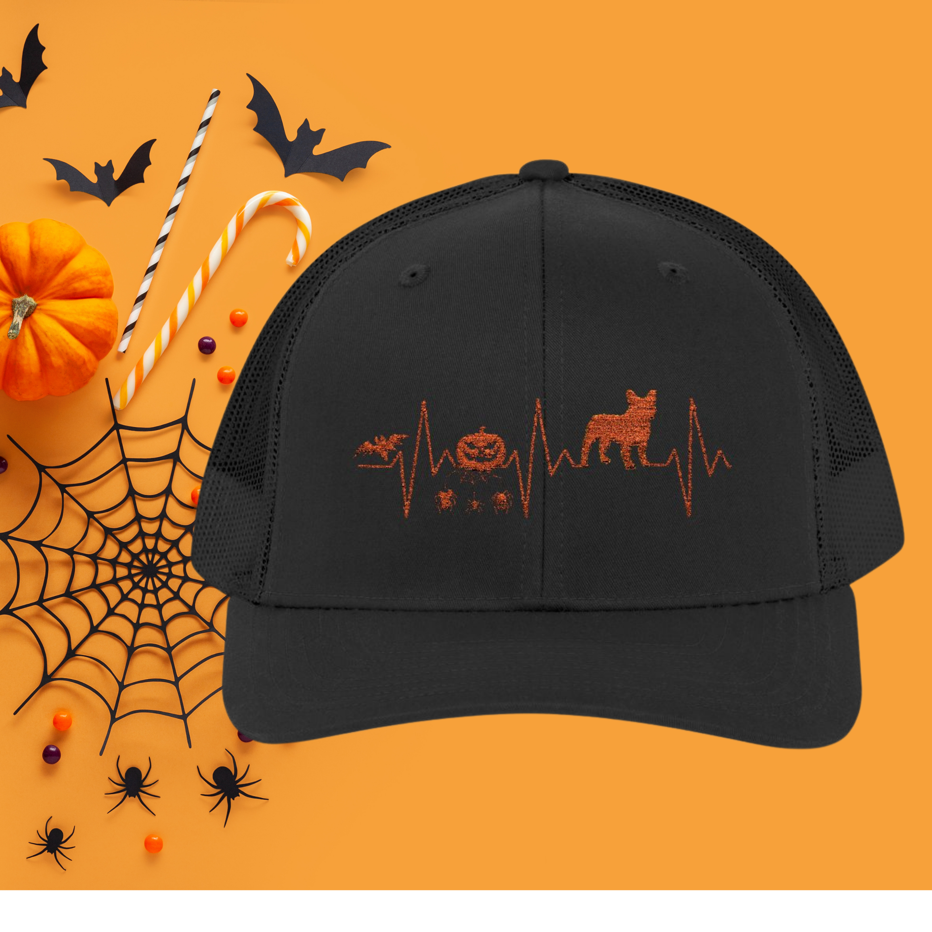 🎃 Halloween French Bulldog Heartbeat Trucker Cap – Spooky Dog Lover Snapback Hat with Jack-o’-Lantern &amp; Bat Design