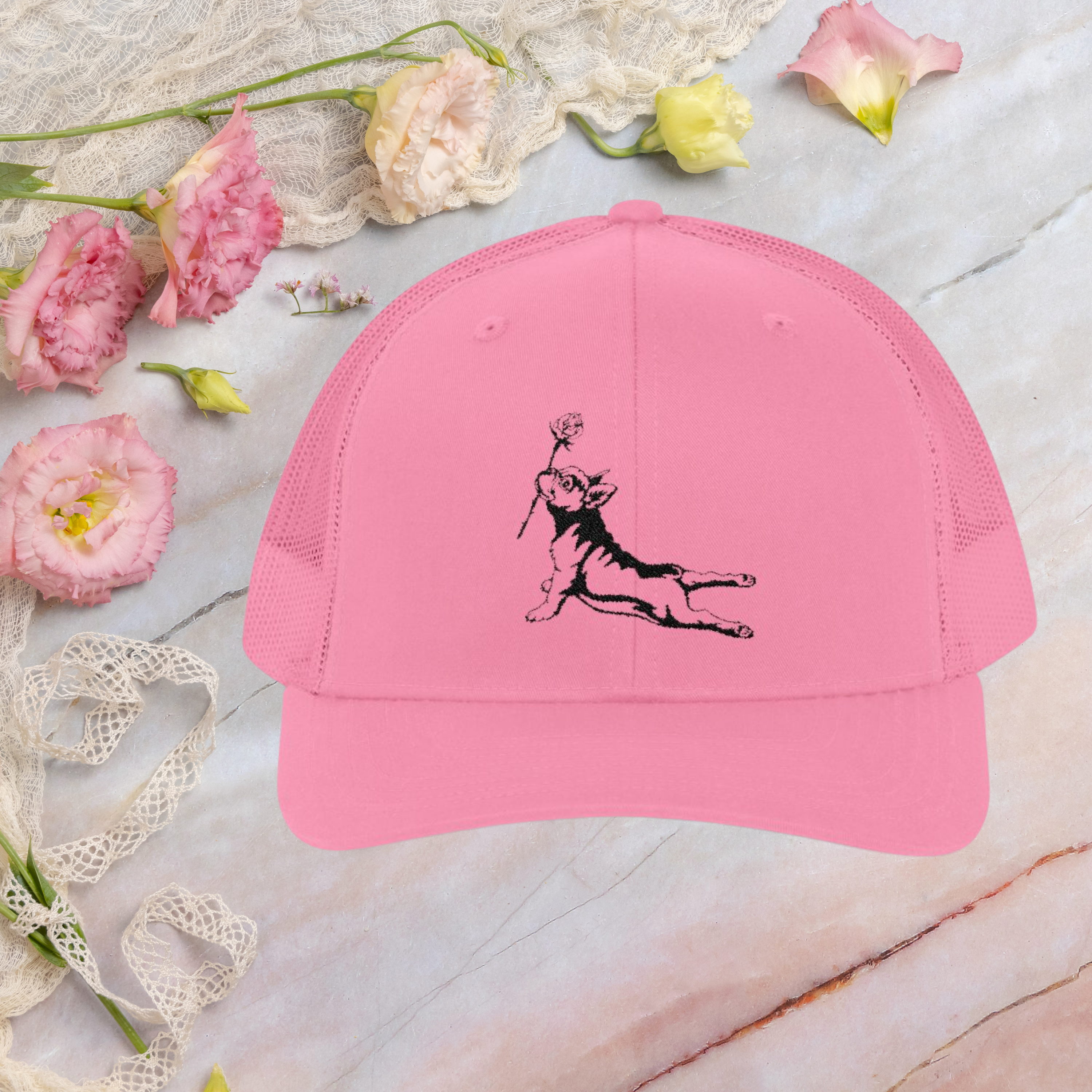 🌹 French Bulldog Rose Trucker Cap – Embroidered Dog Lover Hat with Adjustable Snapback