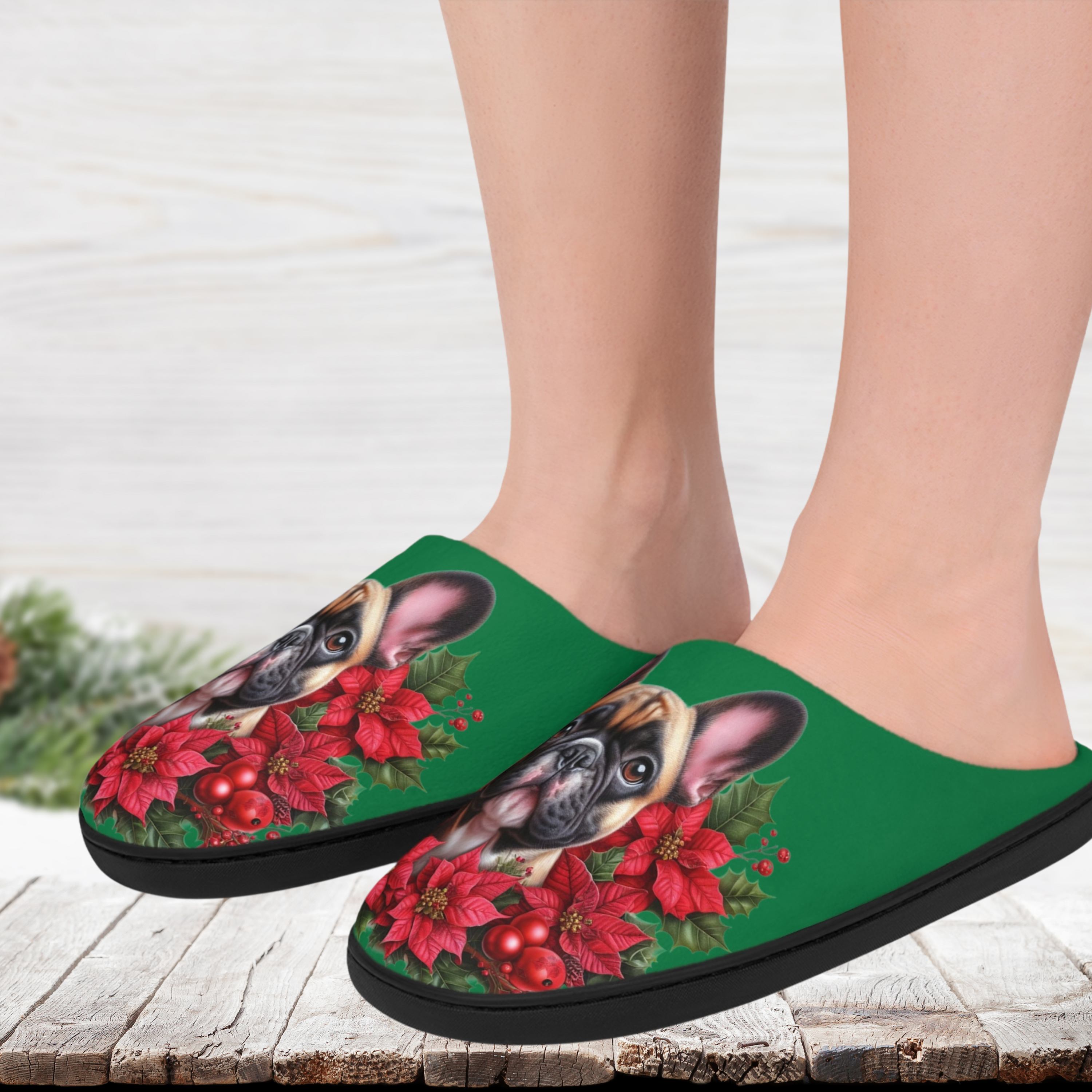 Christmas Morning Frenchie Slippers – Warm Indoor Footwear for French Bulldog Lovers