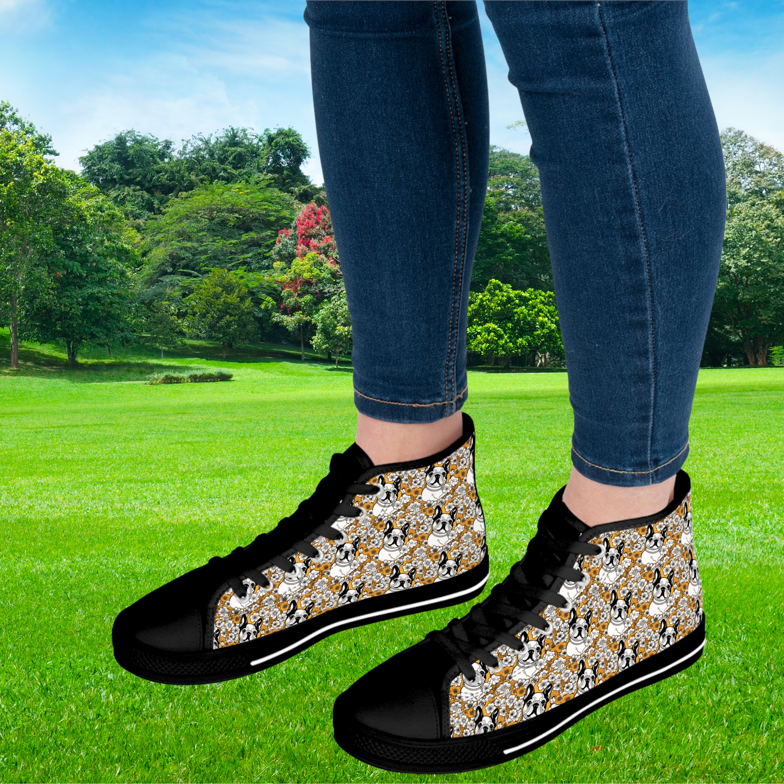 👟 Mustard Yellow Pop Art French Bulldog High Top Sneakers – Trendy Women’s Fashion Shoes for Dog Lovers