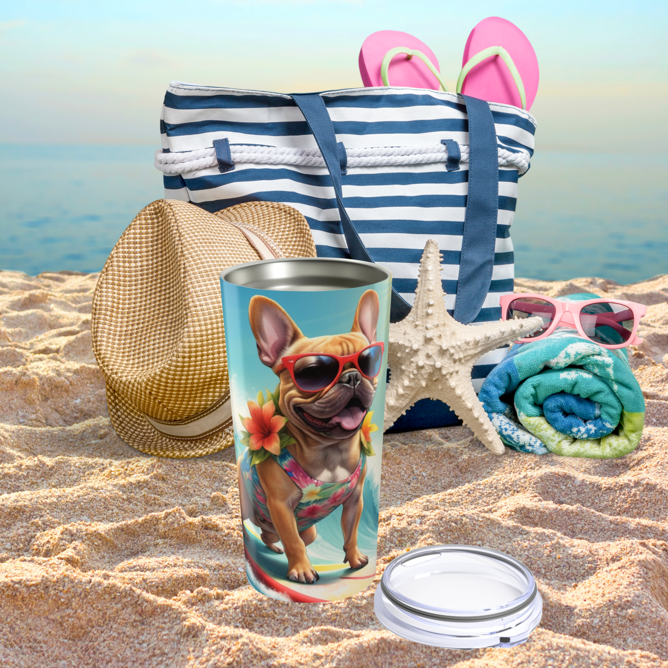 🌊 Frenchie on the Waves – Surfing French Bulldog Tumbler 20 oz. | Summer Essential for Dog, Beach, or Pool Lovers