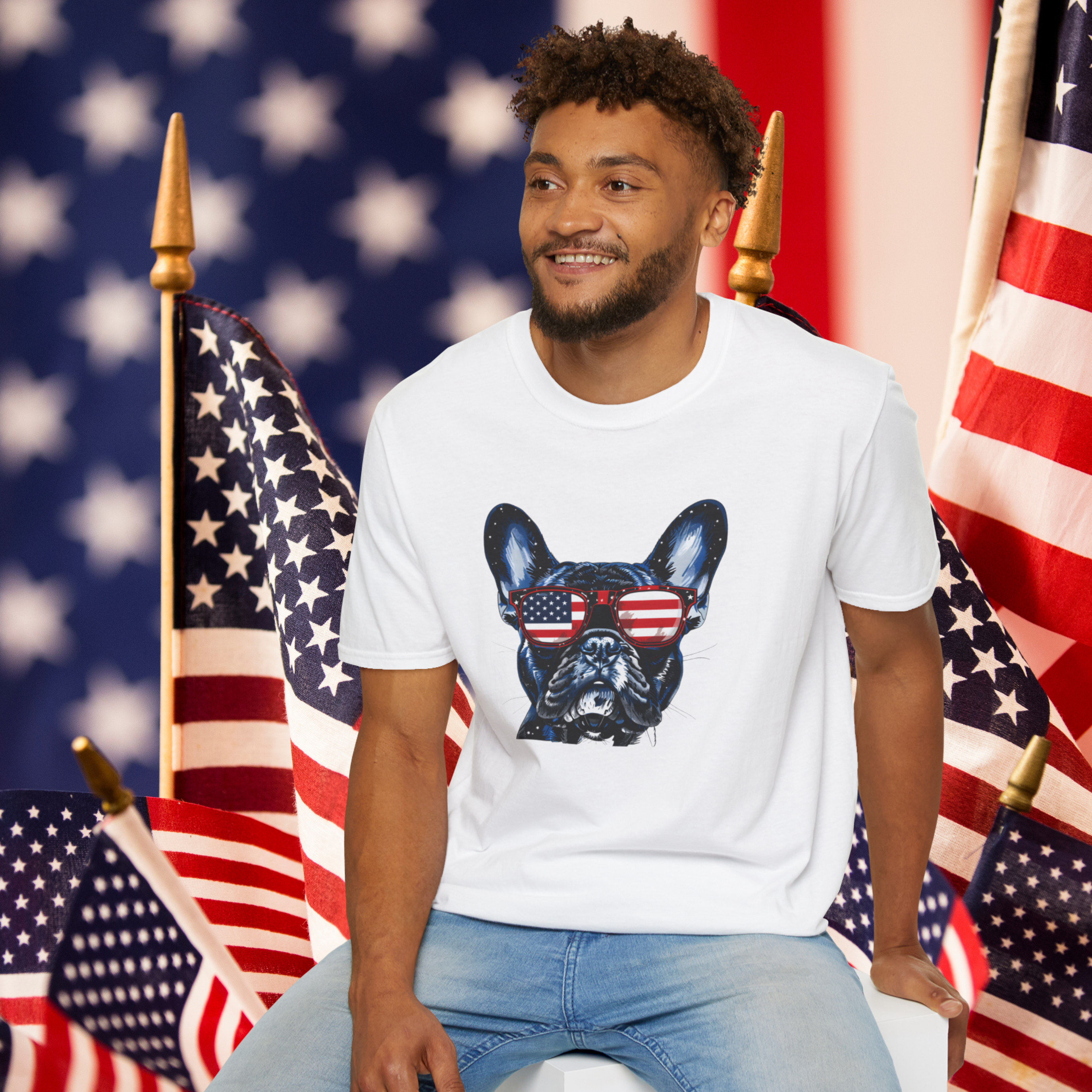 🇺🇸 USA Patriotic French Bulldog T-Shirt – Unisex Softstyle Tee for Frenchie Fans | 4 Color Choices