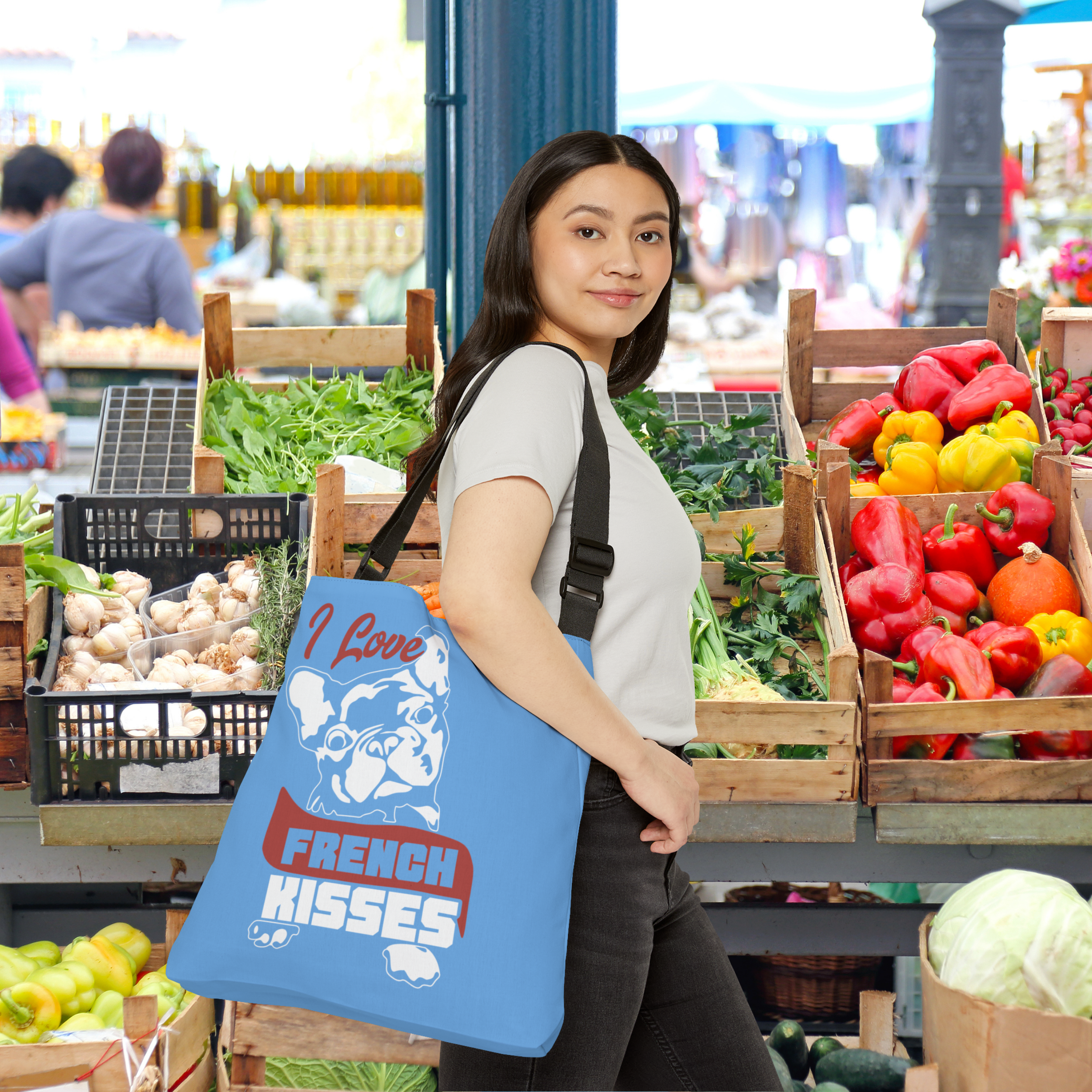 👜 I Love French Kisses Adjustable Tote Bag – Playful French Bulldog Vibes for On-the-Go Sass product thumbnail image