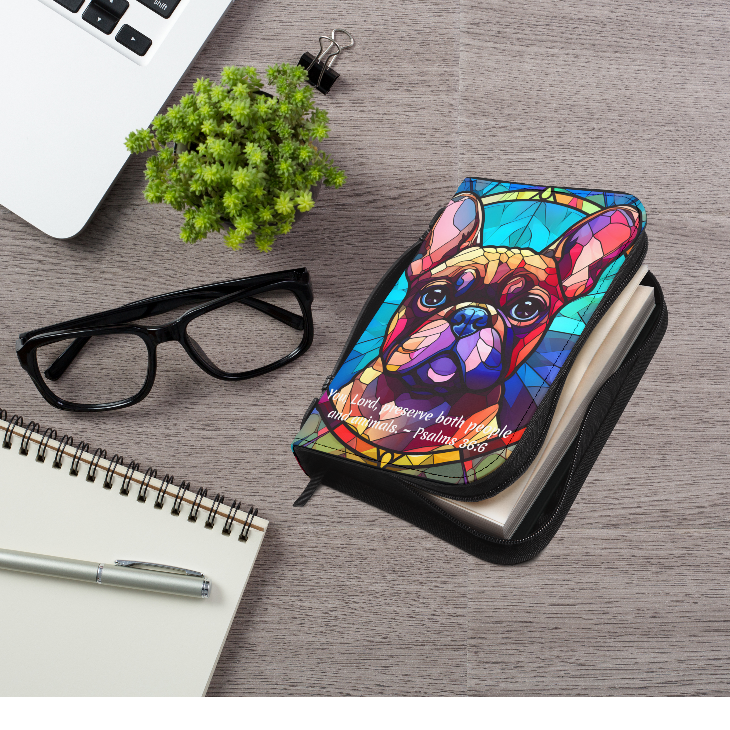 ⛪French Bulldog Bible Cover: Stained Glass Style Meets Faith &amp; Fur-ever Love – PU Leather Scripture Case with Psalms 36:6 | Dog Lover Gift product thumbnail image