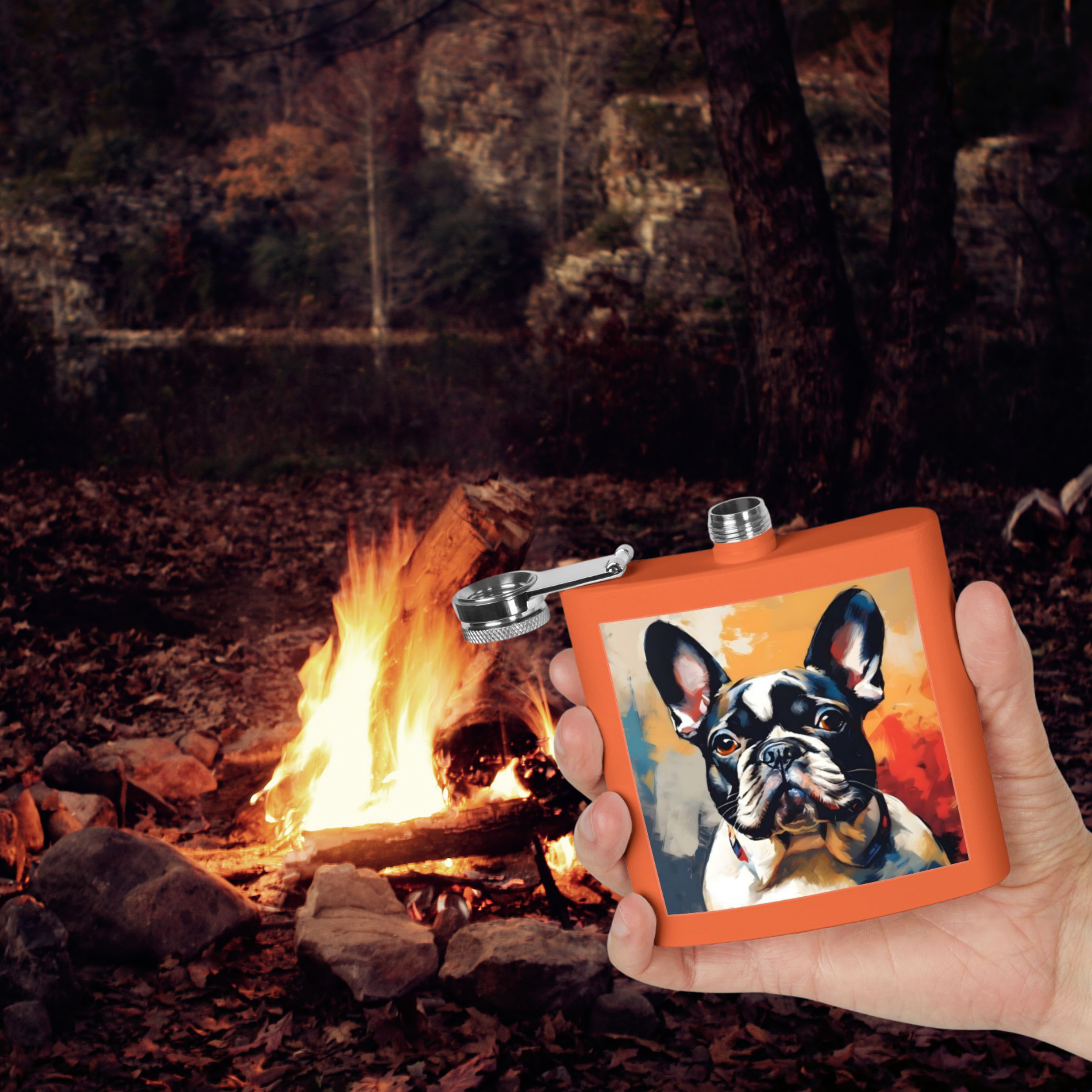 🔥 Frenchie Fuel Flask – “Sip Happens, Stay Fabulous” | 6 oz. Stainless Steel | Orange, Teal, and Navy Blue product thumbnail image