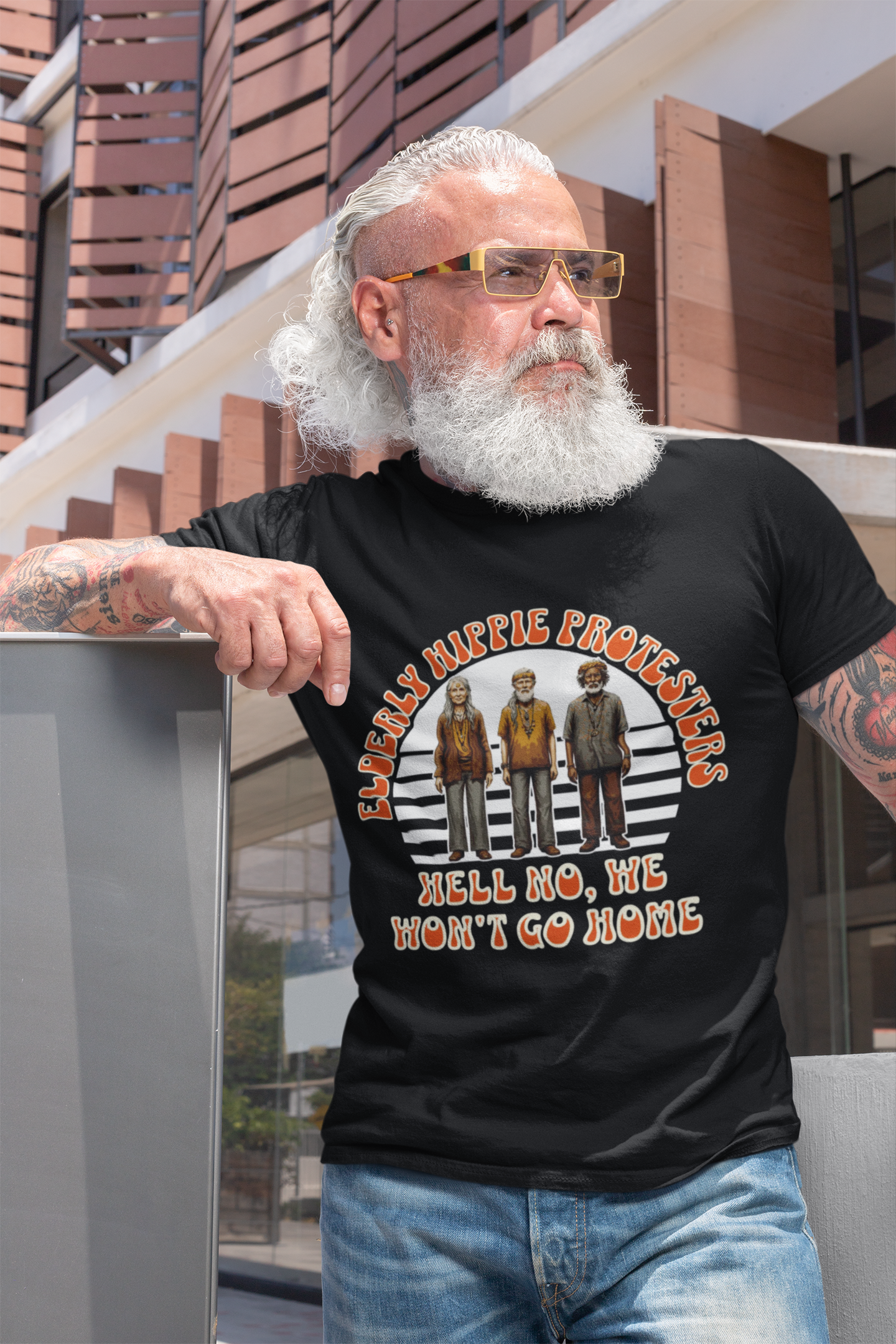 Elderly Hippie Protesters T-Shirt - Hell No, We Won't Go Home. product thumbnail image