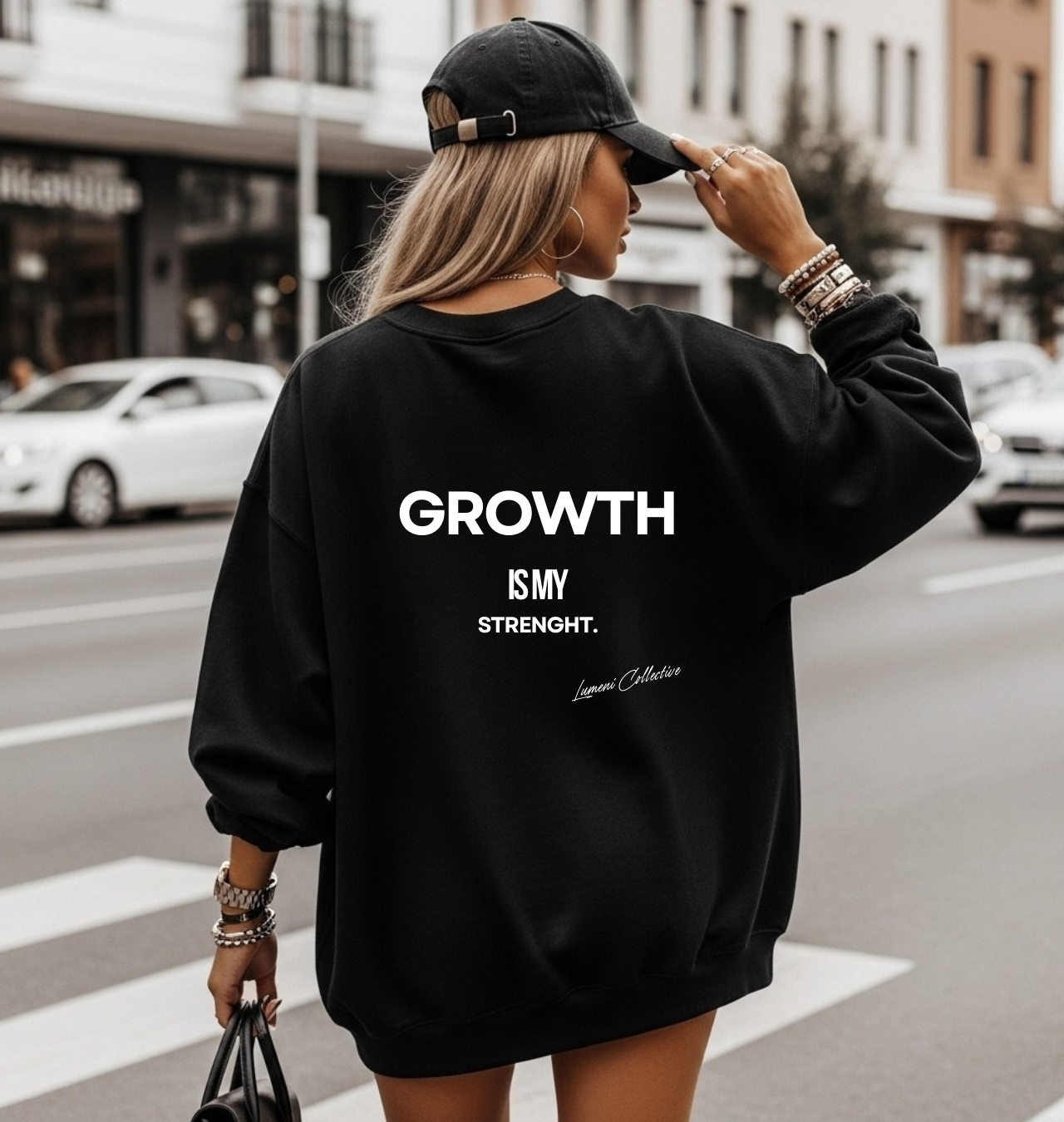 “Growth Is My Strength” Unisex Black Sweatshirt – Minimalist White Print, Inspirational Streetwear | Motivational Gift for Her/Him | Casual Outfit “Growth Is My Strength” Unisex Black Sweatshirt – Minimalist White Print, Inspirational Streetwear | Motivational Gift for Her/Him | Casual Outfit