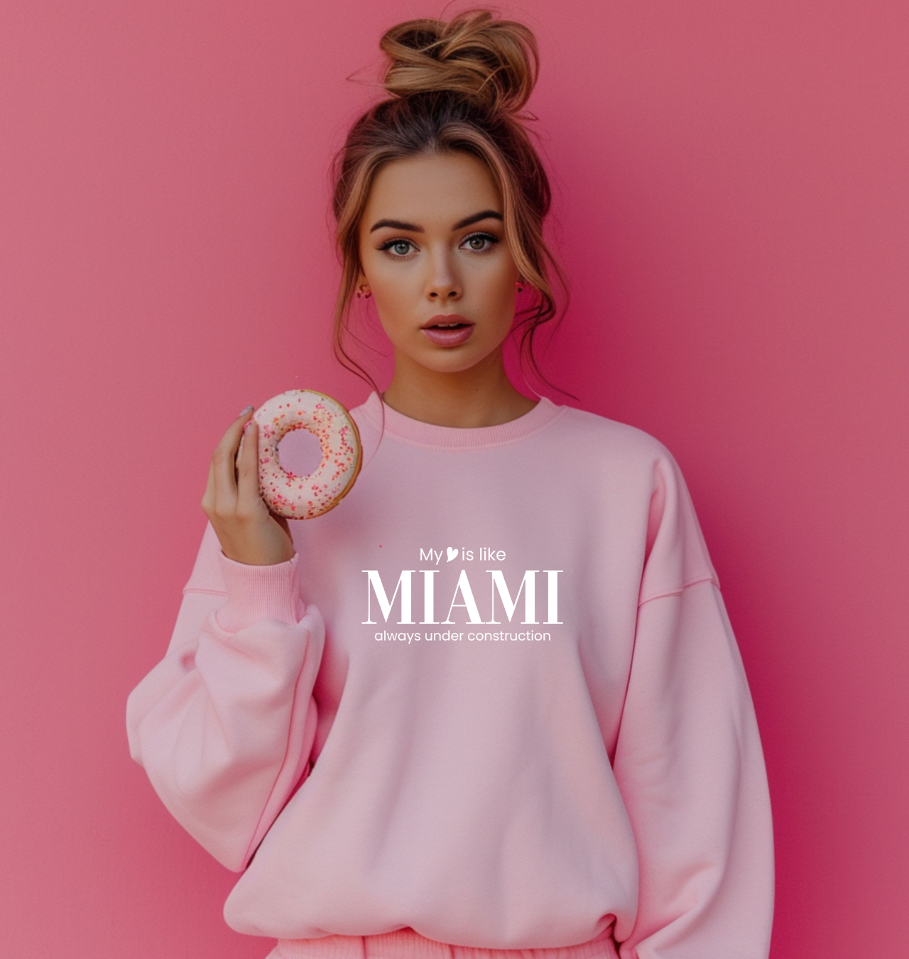 “My Heart Is Like Miami” Pink Sweatshirt – Unisex Gildan 18000, Inspirational City Vibes product thumbnail image “My Heart Is Like Miami” Pink Sweatshirt – Unisex Gildan 18000, Inspirational City Vibes product thumbnail image