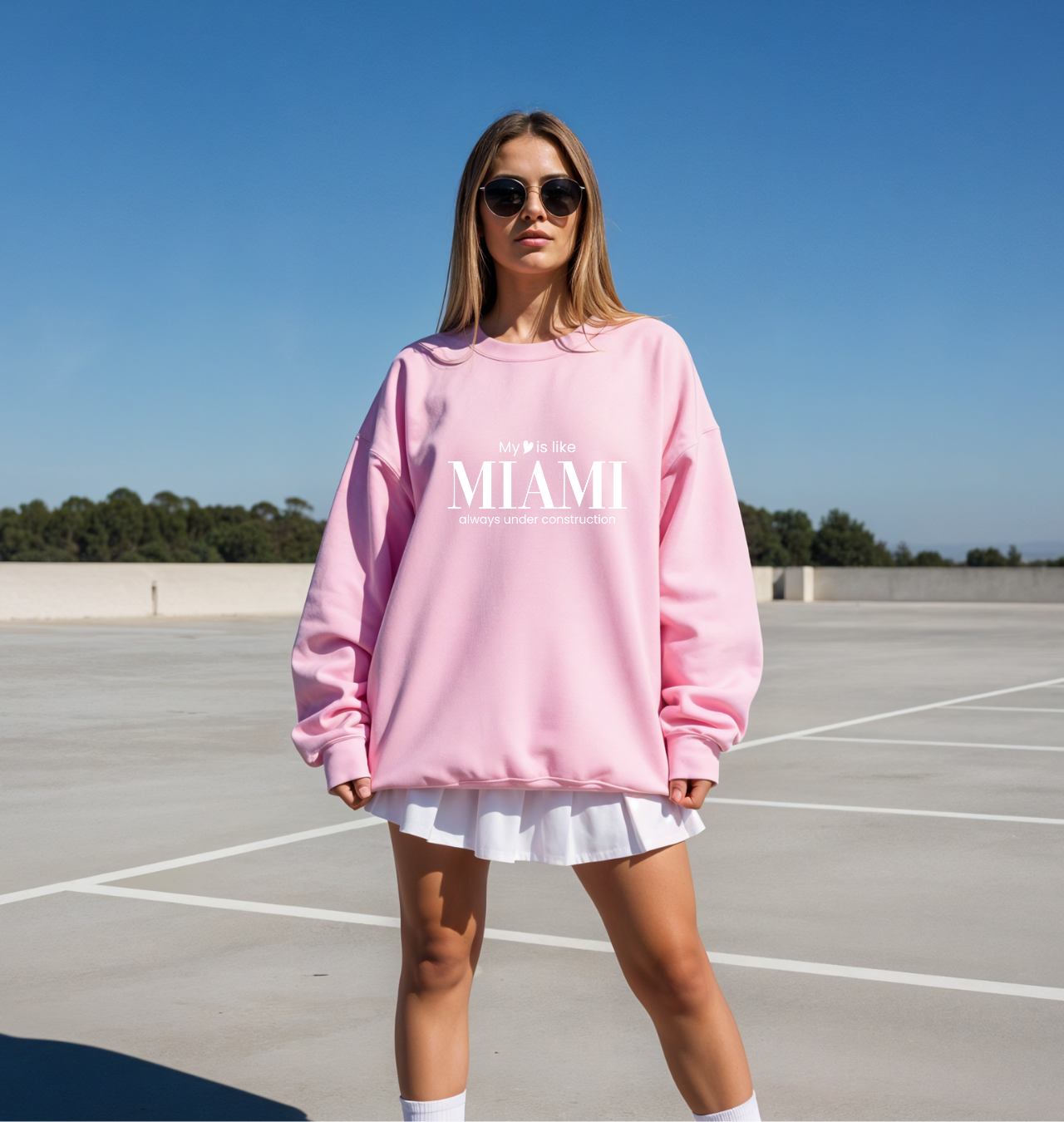 “My Heart Is Like Miami” Pink Sweatshirt – Unisex Gildan 18000, Inspirational City Vibes product thumbnail image “My Heart Is Like Miami” Pink Sweatshirt – Unisex Gildan 18000, Inspirational City Vibes product thumbnail image