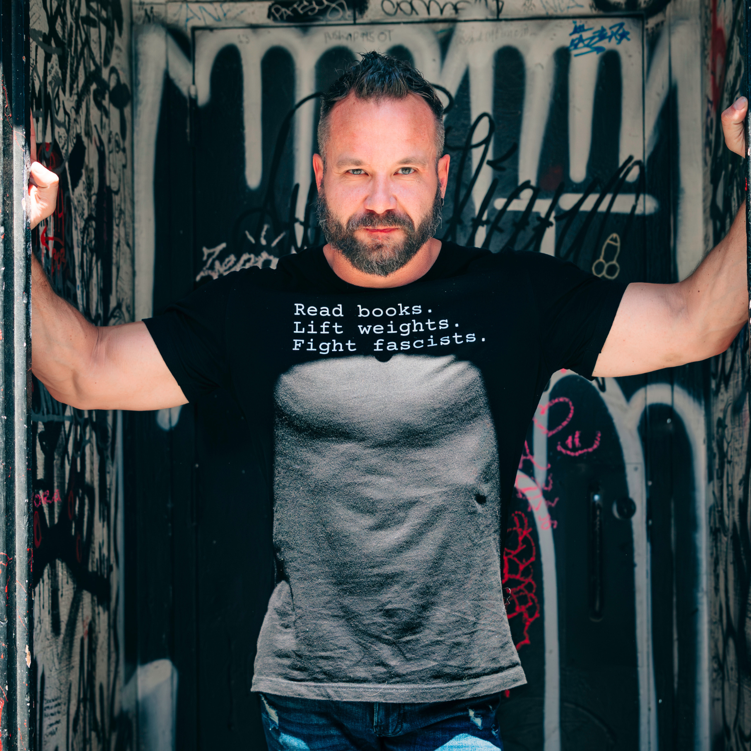 "Read Books. Lift Weights. Fight Fascists." Unisex Tee product thumbnail image