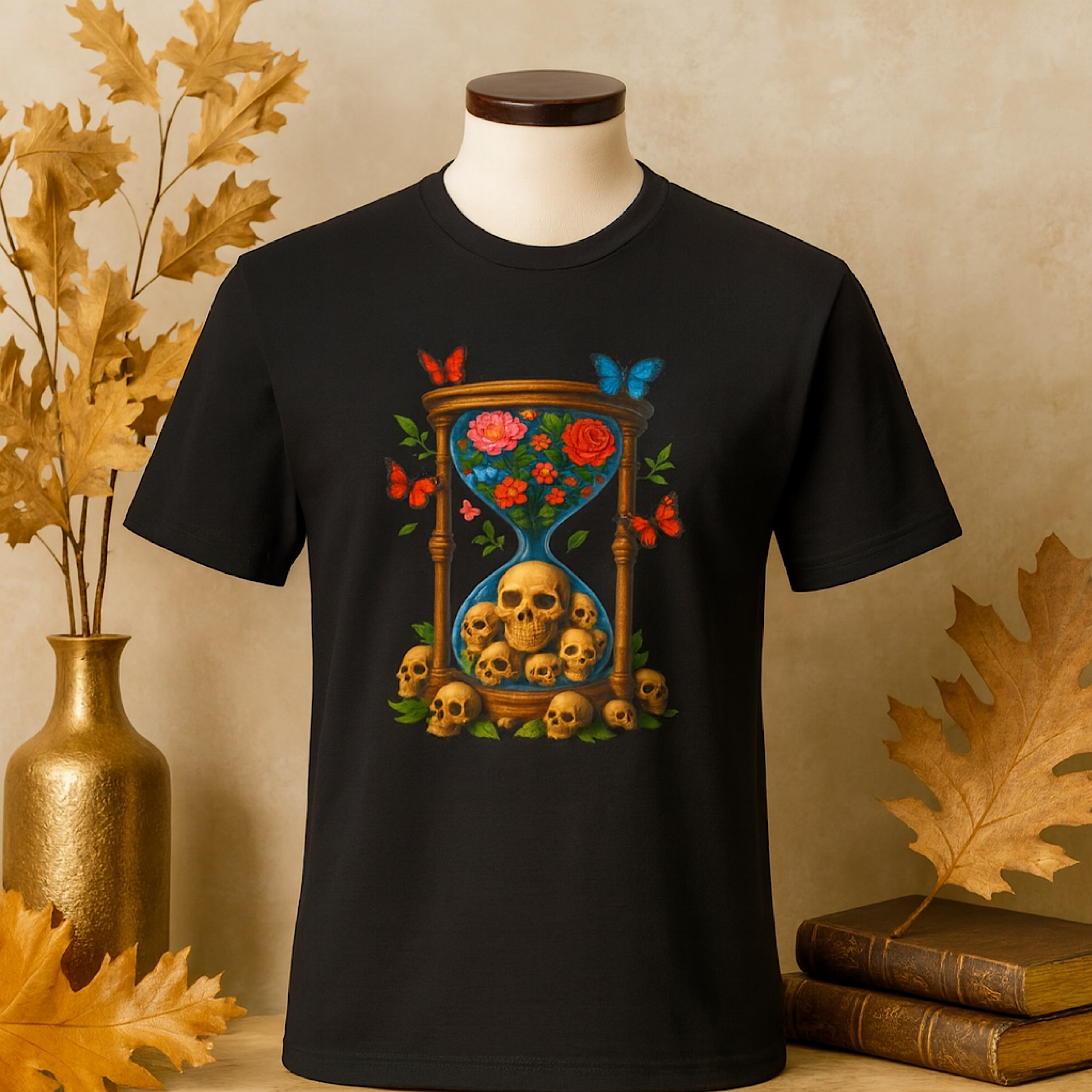 The Passage of Time T-Shirt | Gothic Skull &amp; Roses Hourglass Tee | Dark Aesthetic Unisex Graphic Shirt | Alternative Butterfly Gothic Top