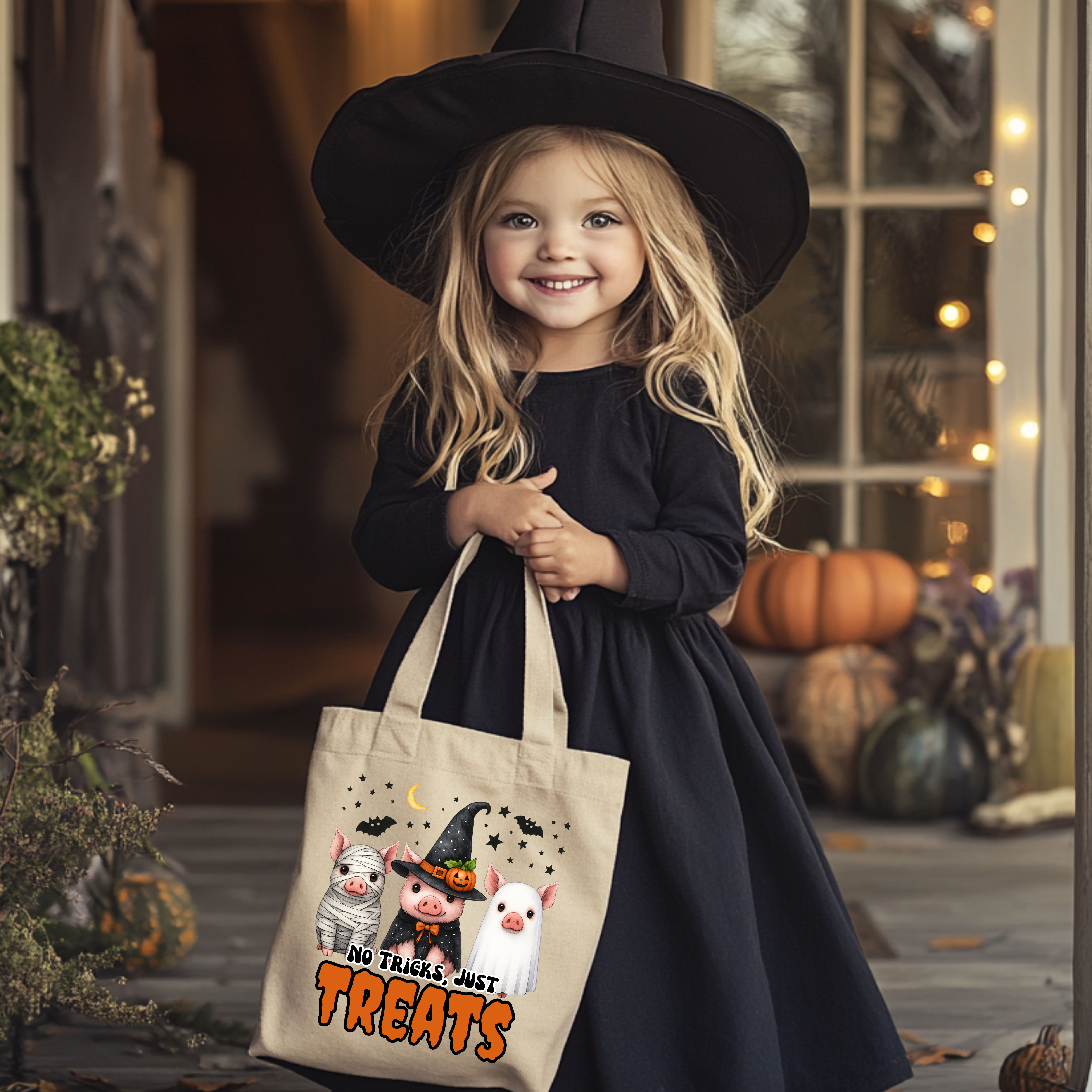 Halloween Pigs Treats Tote Bag, Cute Trick or Treat Tote, Pig Ghost Witch Mummy Tote, Halloween Gift Idea  product thumbnail image
