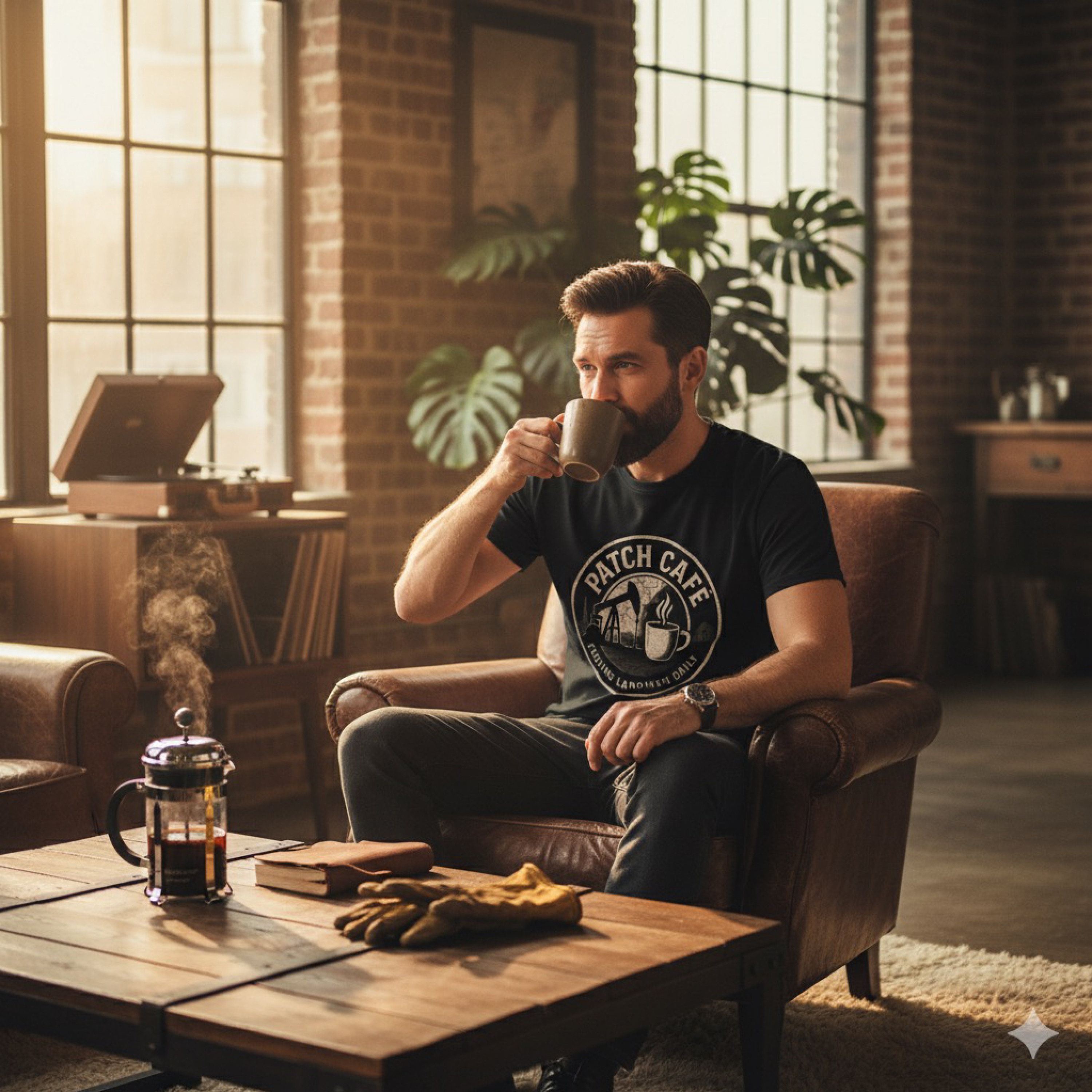 Fueling Landmen Daily Oilfield T-Shirt | Patch Café Coffee Rig Shirt | Oilfield Worker Gift | Landman TV Show Fan Tee | Gildan Cotton Shirt product thumbnail image