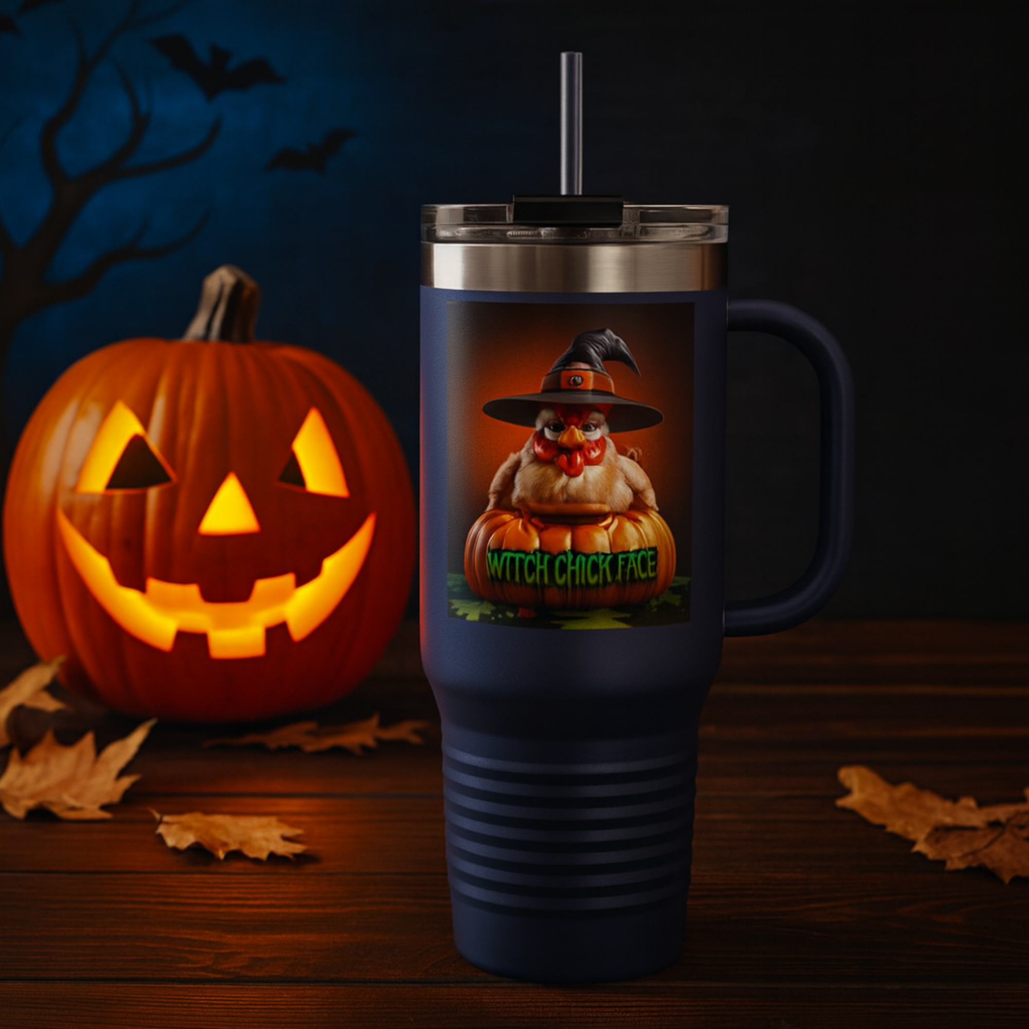 Halloween Insulated Travel Mug 40oz | Funny Witch Chick Face Pumpkin Cup | Spooky Season Chicken Gift | Reusable Tumbler With Straw product thumbnail image Halloween Insulated Travel Mug 40oz | Funny Witch Chick Face Pumpkin Cup | Spooky Season Chicken Gift | Reusable Tumbler With Straw product thumbnail image