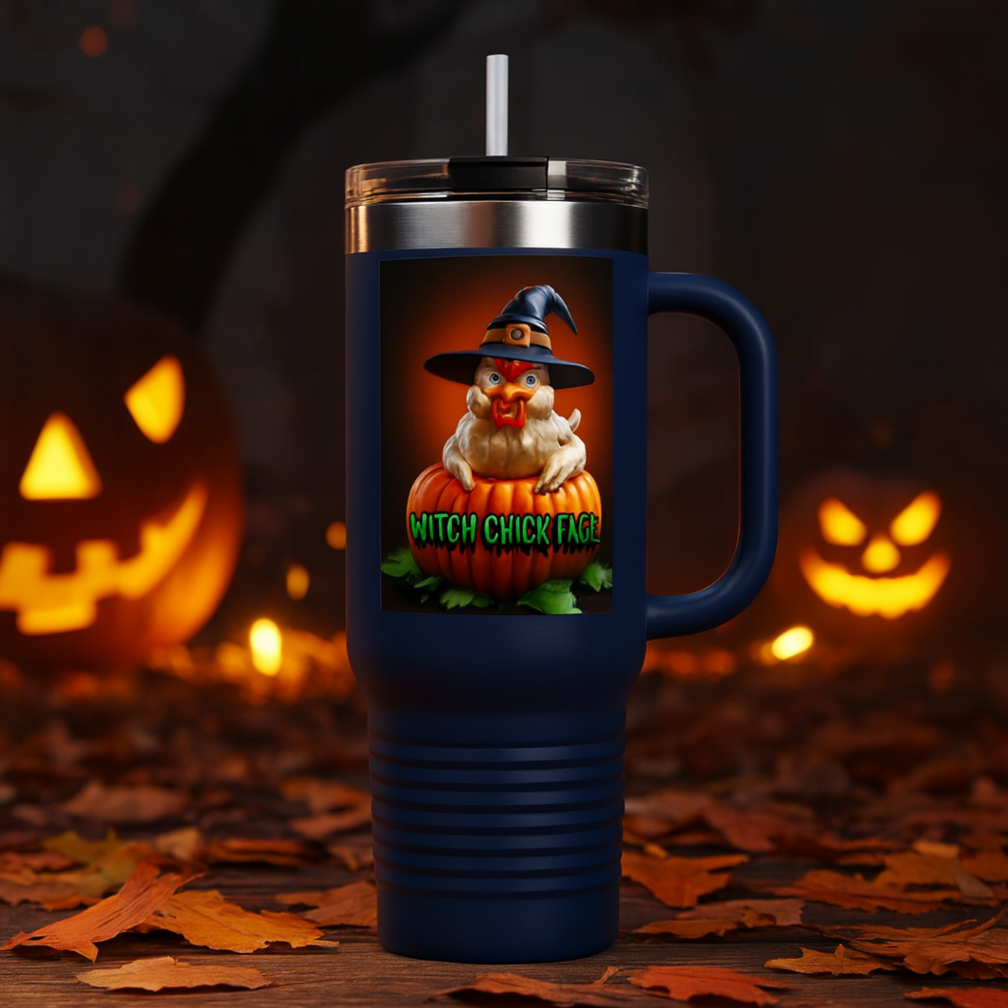 Halloween Insulated Travel Mug 40oz | Funny Witch Chick Face Pumpkin Cup | Spooky Season Chicken Gift | Reusable Tumbler With Straw product thumbnail image Halloween Insulated Travel Mug 40oz | Funny Witch Chick Face Pumpkin Cup | Spooky Season Chicken Gift | Reusable Tumbler With Straw product thumbnail image