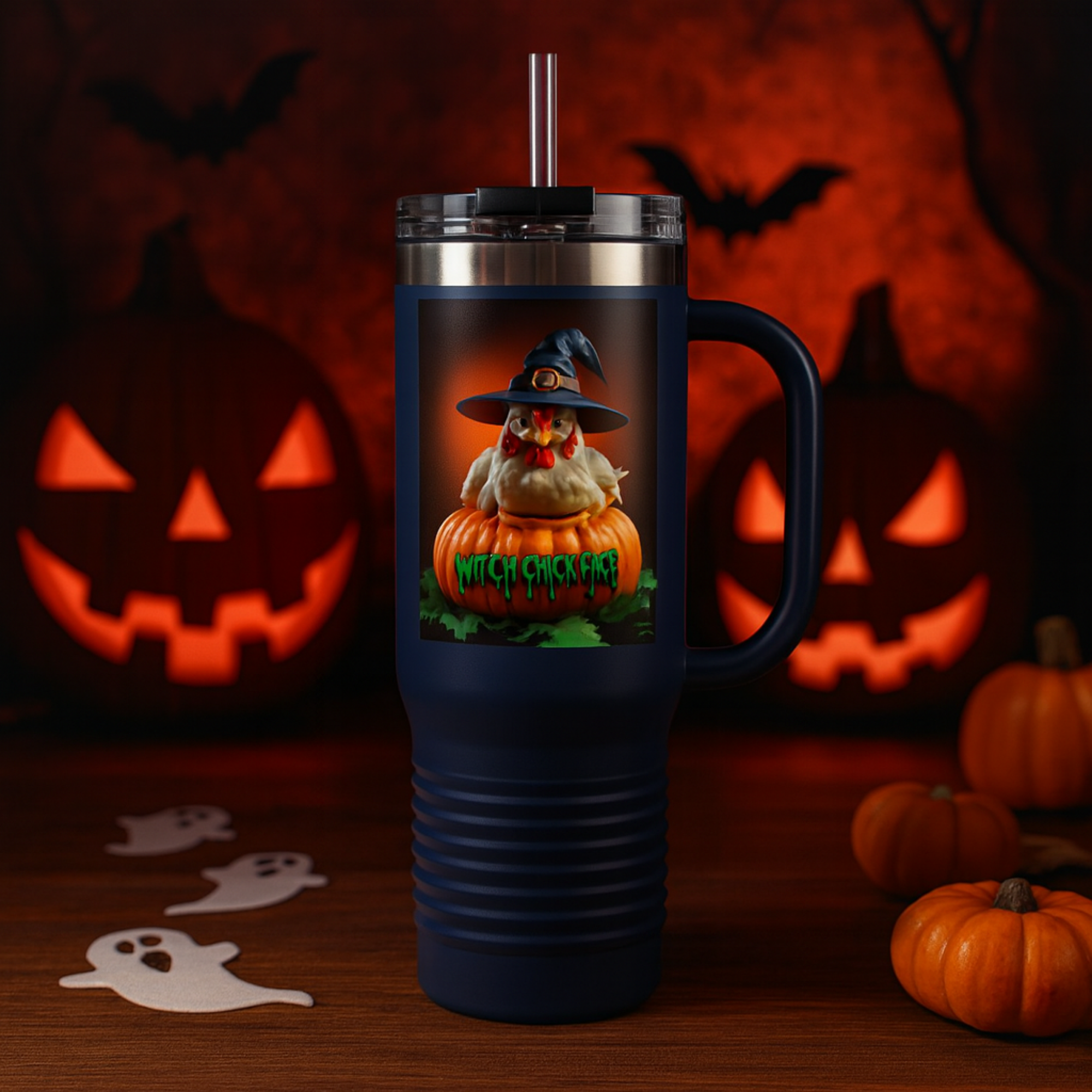 Halloween Insulated Travel Mug 40oz | Funny Witch Chick Face Pumpkin Cup | Spooky Season Chicken Gift | Reusable Tumbler With Straw product thumbnail image Halloween Insulated Travel Mug 40oz | Funny Witch Chick Face Pumpkin Cup | Spooky Season Chicken Gift | Reusable Tumbler With Straw product thumbnail image