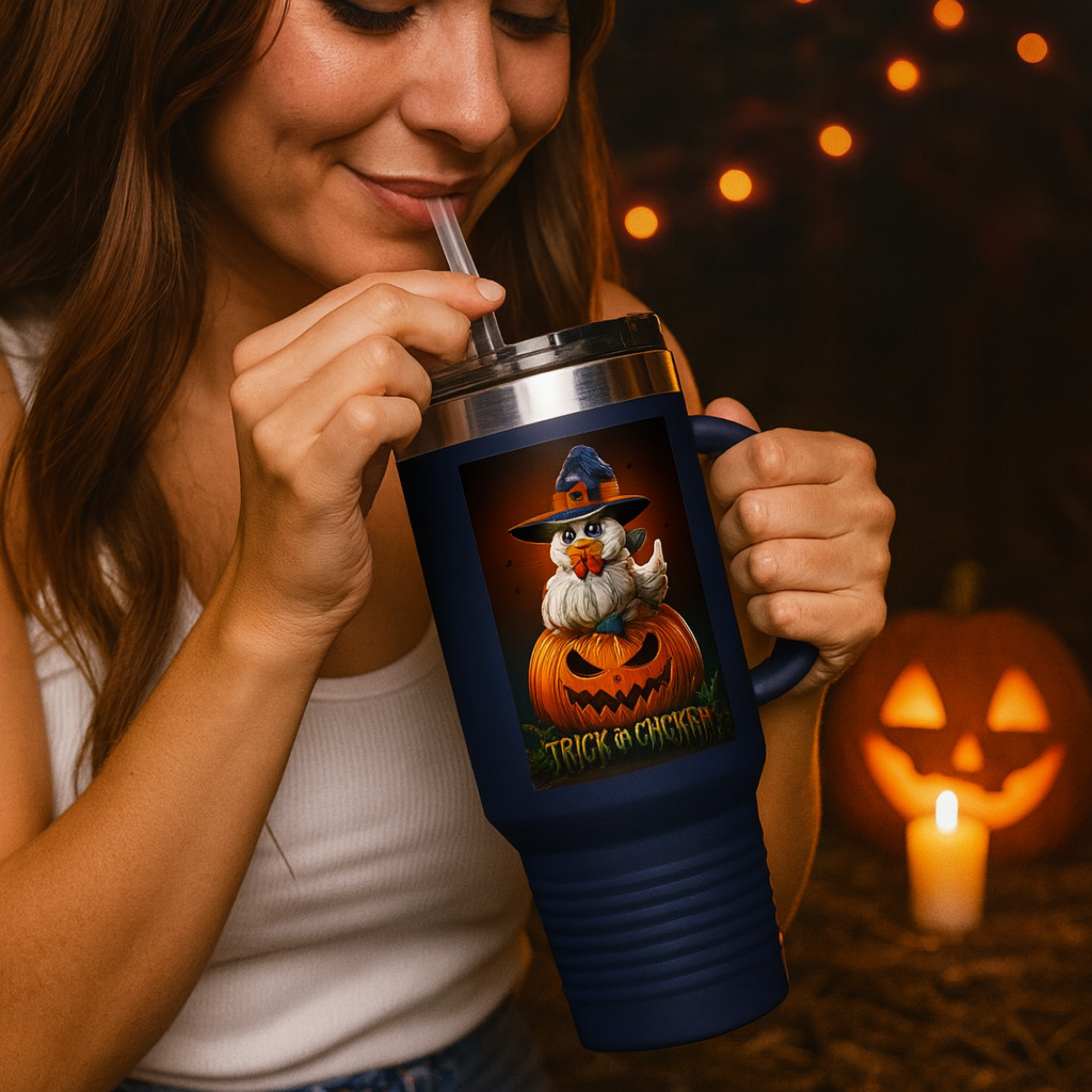 Halloween Insulated Travel Mug 40oz | Funny Witch Chick Face Pumpkin Cup | Spooky Season Chicken Gift | Reusable Tumbler With Straw product thumbnail image Halloween Insulated Travel Mug 40oz | Funny Witch Chick Face Pumpkin Cup | Spooky Season Chicken Gift | Reusable Tumbler With Straw product thumbnail image