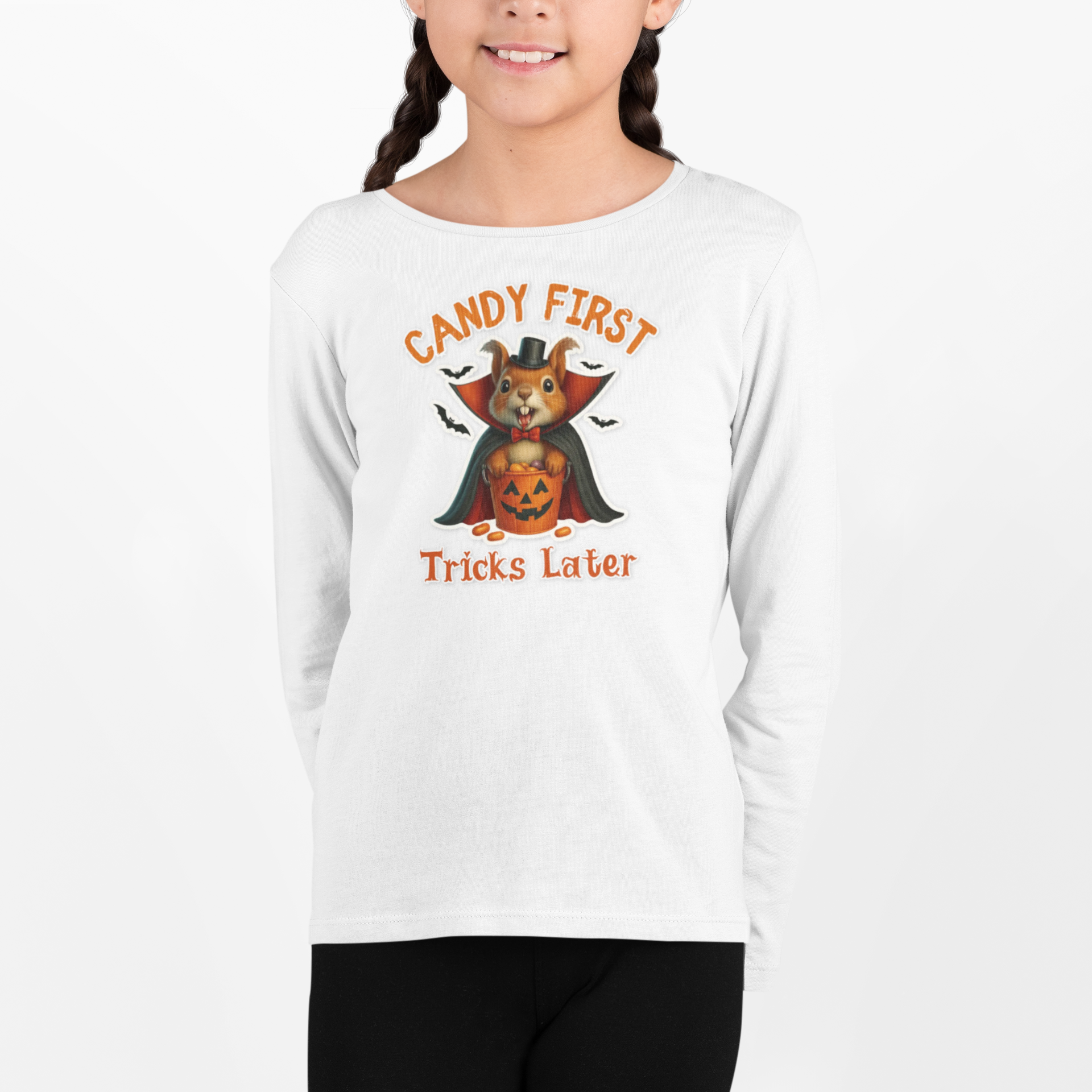 Cute Vampire Squirrel Halloween T-Shirt – “Candy First, Tricks Later” Funny Kids Trick-or-Treat Tee product thumbnail image Cute Vampire Squirrel Halloween T-Shirt – “Candy First, Tricks Later” Funny Kids Trick-or-Treat Tee product thumbnail image