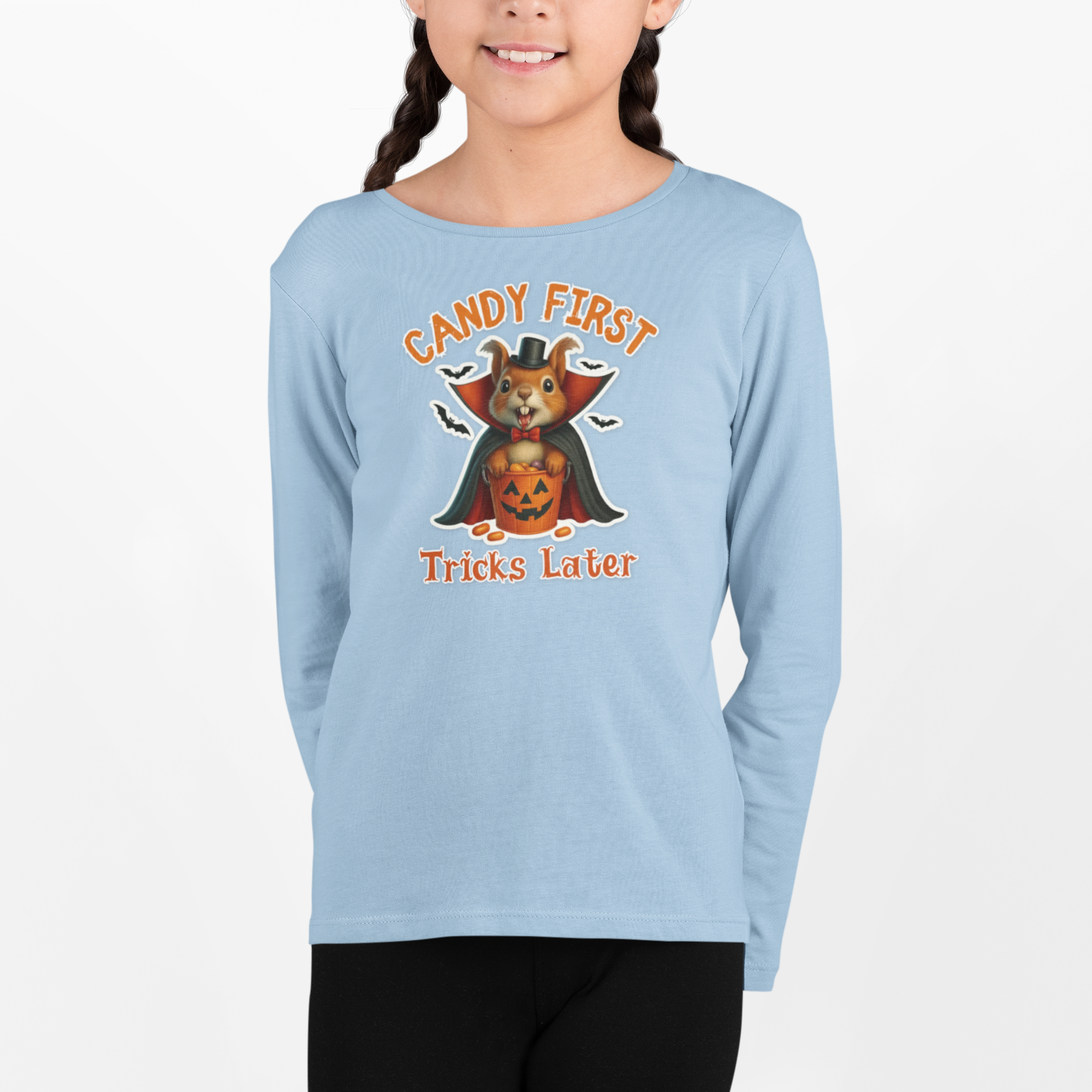 Cute Vampire Squirrel Halloween T-Shirt – “Candy First, Tricks Later” Funny Kids Trick-or-Treat Tee product thumbnail image Cute Vampire Squirrel Halloween T-Shirt – “Candy First, Tricks Later” Funny Kids Trick-or-Treat Tee product thumbnail image