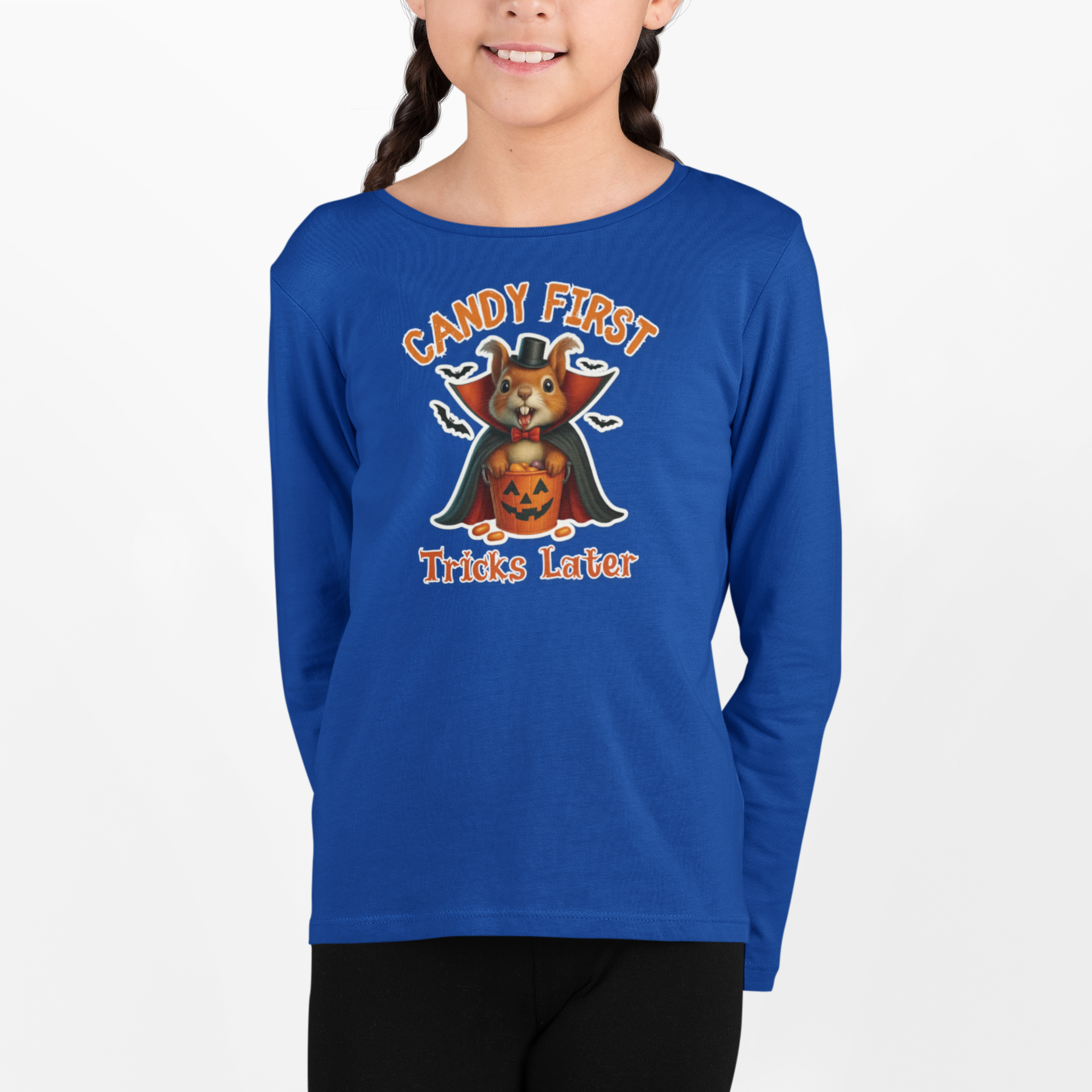 Cute Vampire Squirrel Halloween T-Shirt – “Candy First, Tricks Later” Funny Kids Trick-or-Treat Tee product thumbnail image Cute Vampire Squirrel Halloween T-Shirt – “Candy First, Tricks Later” Funny Kids Trick-or-Treat Tee product thumbnail image