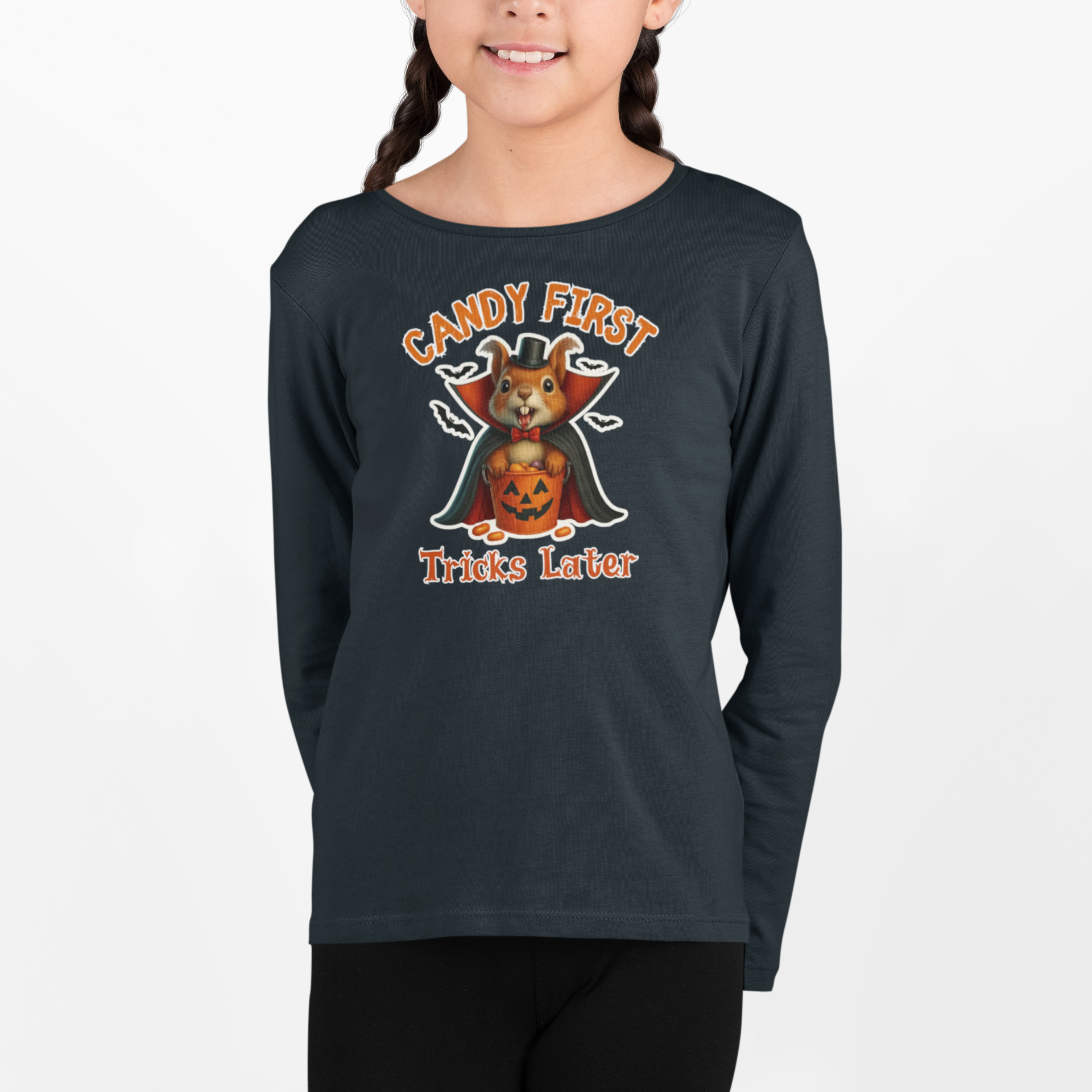 Cute Vampire Squirrel Halloween T-Shirt – “Candy First, Tricks Later” Funny Kids Trick-or-Treat Tee product thumbnail image Cute Vampire Squirrel Halloween T-Shirt – “Candy First, Tricks Later” Funny Kids Trick-or-Treat Tee product thumbnail image