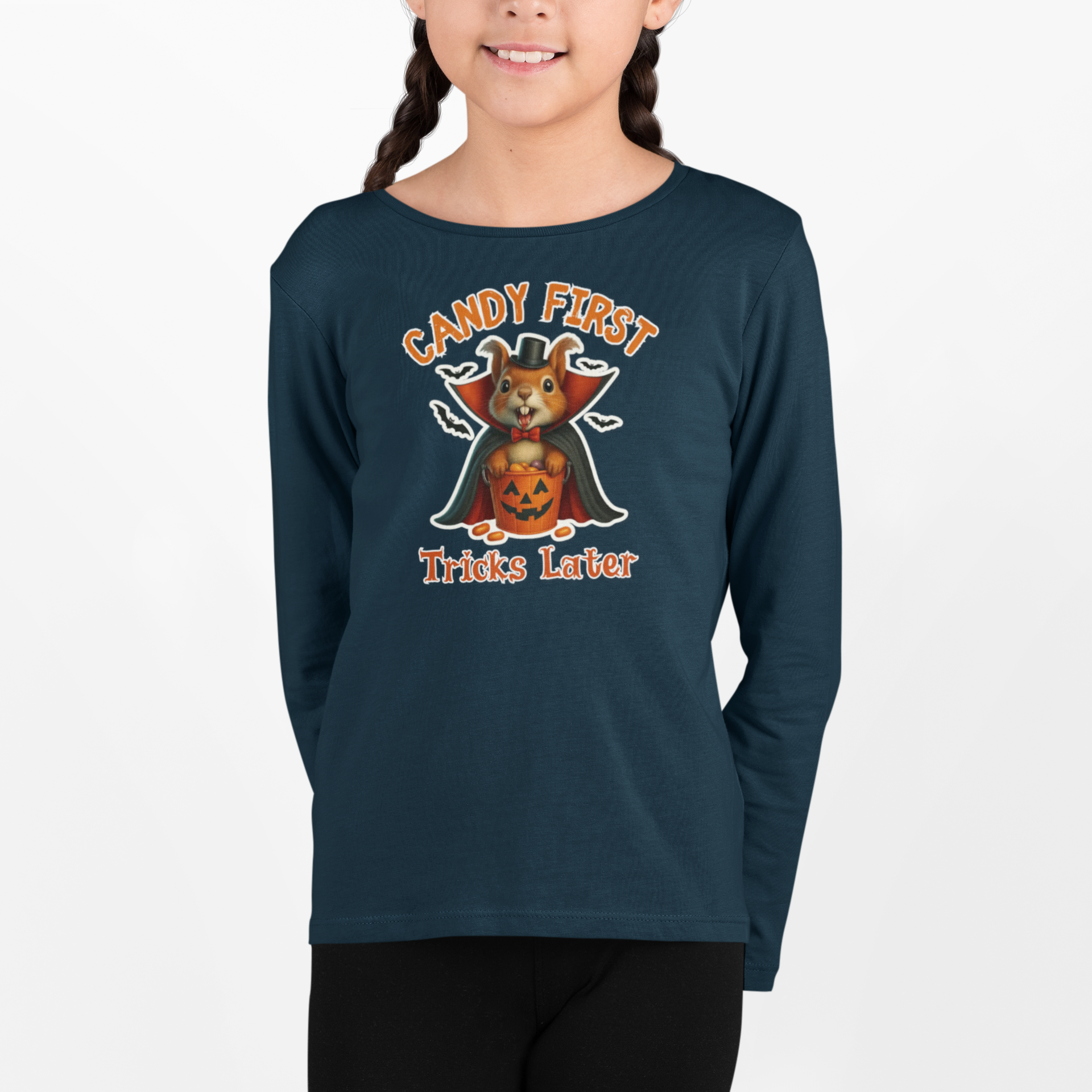Cute Vampire Squirrel Halloween T-Shirt – “Candy First, Tricks Later” Funny Kids Trick-or-Treat Tee product thumbnail image Cute Vampire Squirrel Halloween T-Shirt – “Candy First, Tricks Later” Funny Kids Trick-or-Treat Tee product thumbnail image