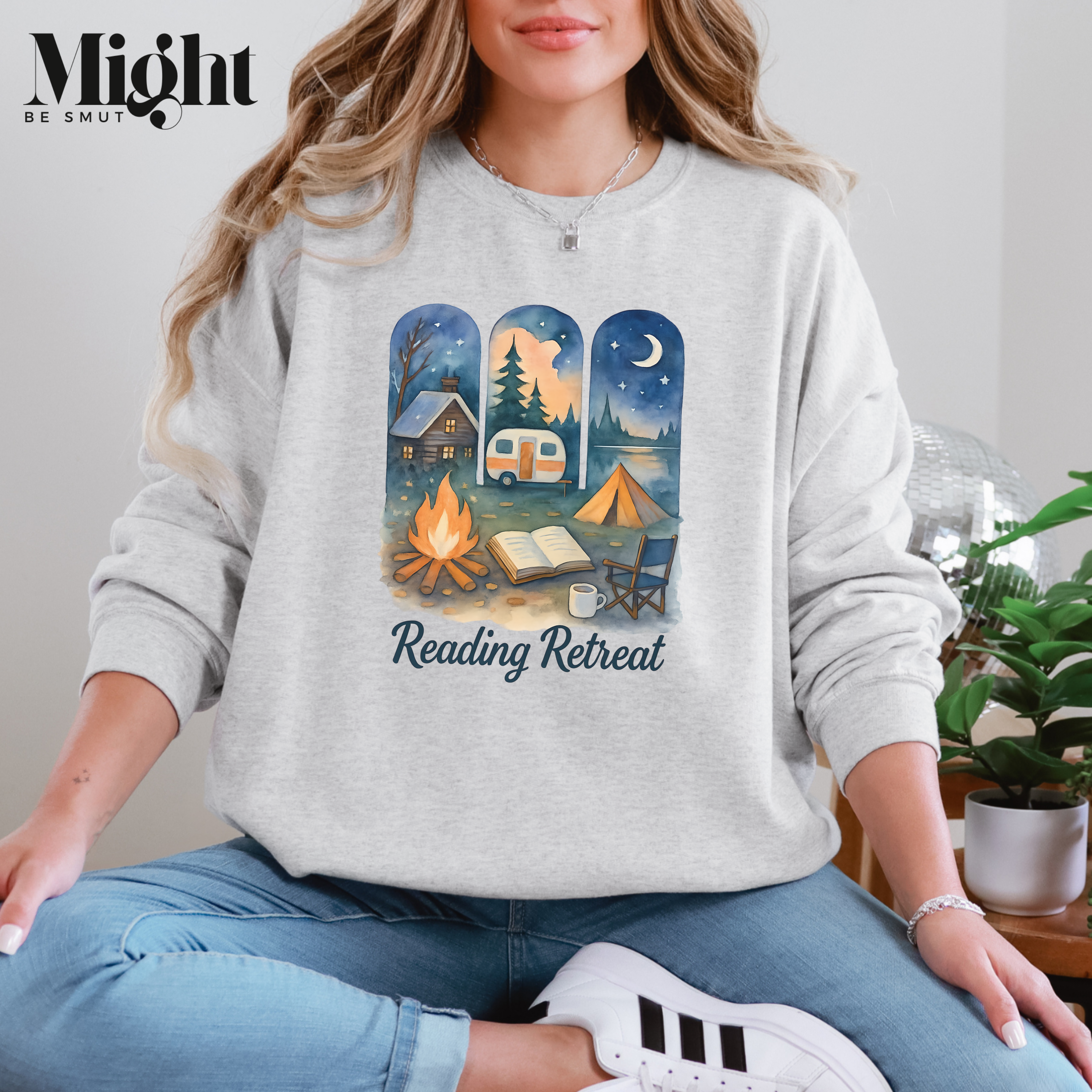Crewneck Sweatshirt – Reading Retreat Bookish Watercolor Design product thumbnail image Crewneck Sweatshirt – Reading Retreat Bookish Watercolor Design product thumbnail image
