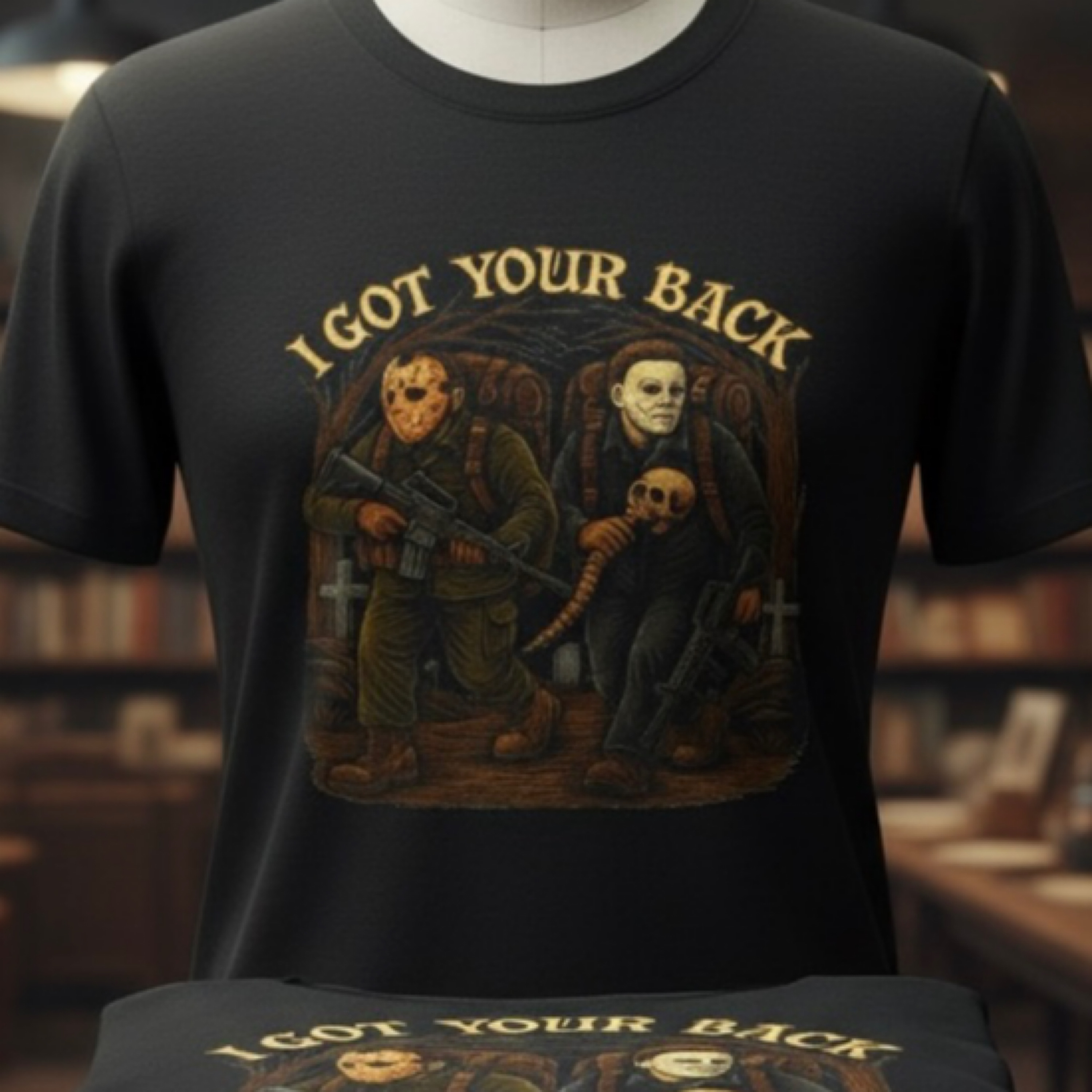 I Got Your Back Horror Tactical T-Shirt | Funny Jason &amp; Michael Myers Parody Tee | Halloween Scary Movie Graphic Shirt | Slasher Fan Gift