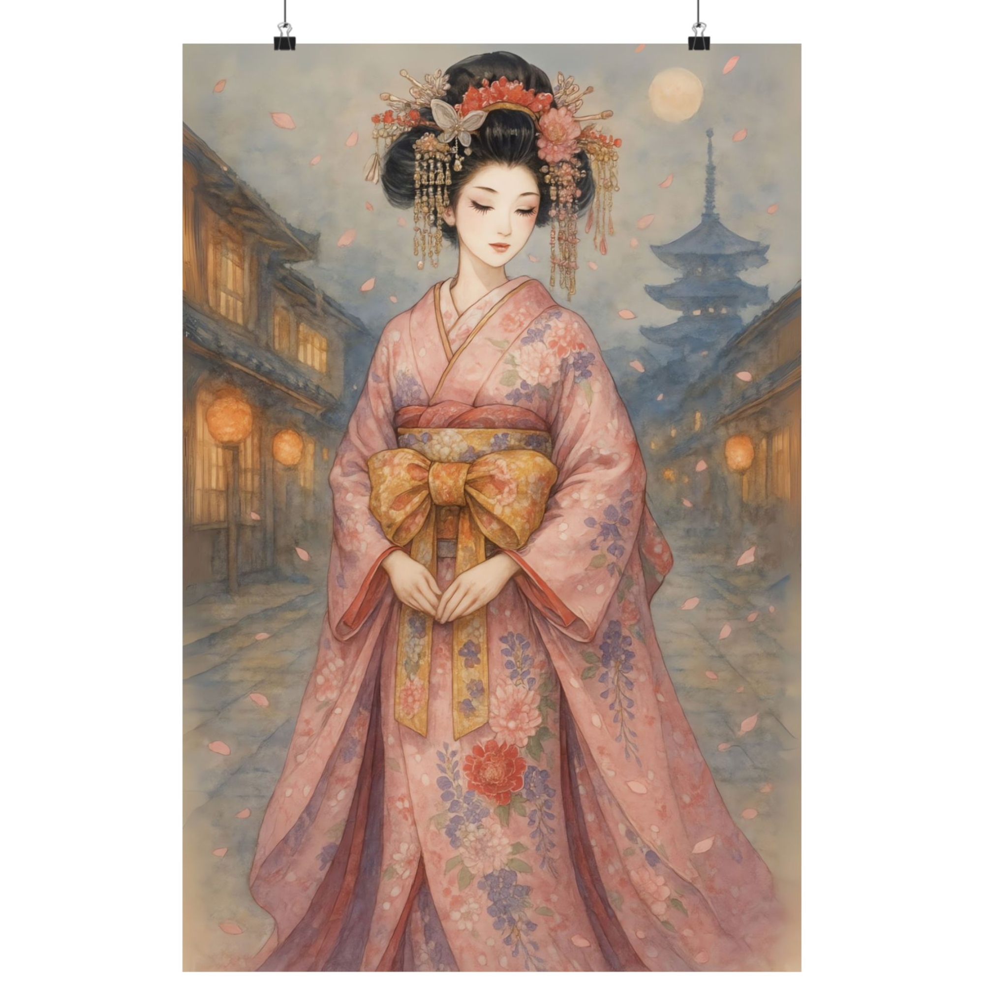 Moonlit Sakura Reverie: A Timeless Glimpse into Japanese Elegance – Kimono Geisha Wall Poster｜Elegant Wall Art, Home Office Decoration, Gift for Art Lovers